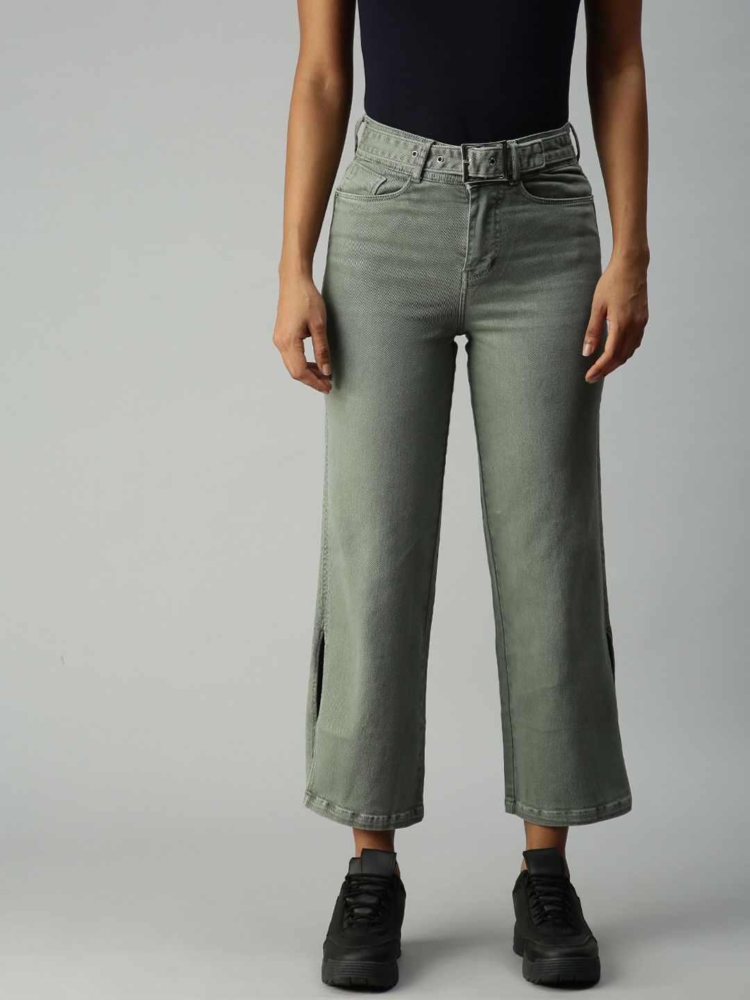 SHOWOFF Women Olive Green Wide Leg High-Rise Stretchable Jeans Price in India