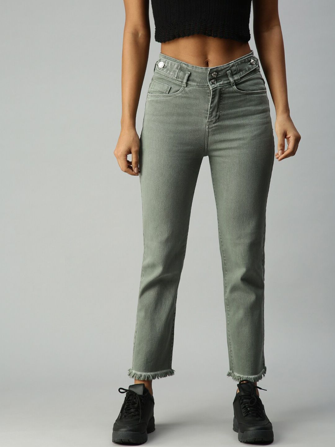 SHOWOFF Women Olive Green Straight Fit High-Rise Stretchable Jeans Price in India