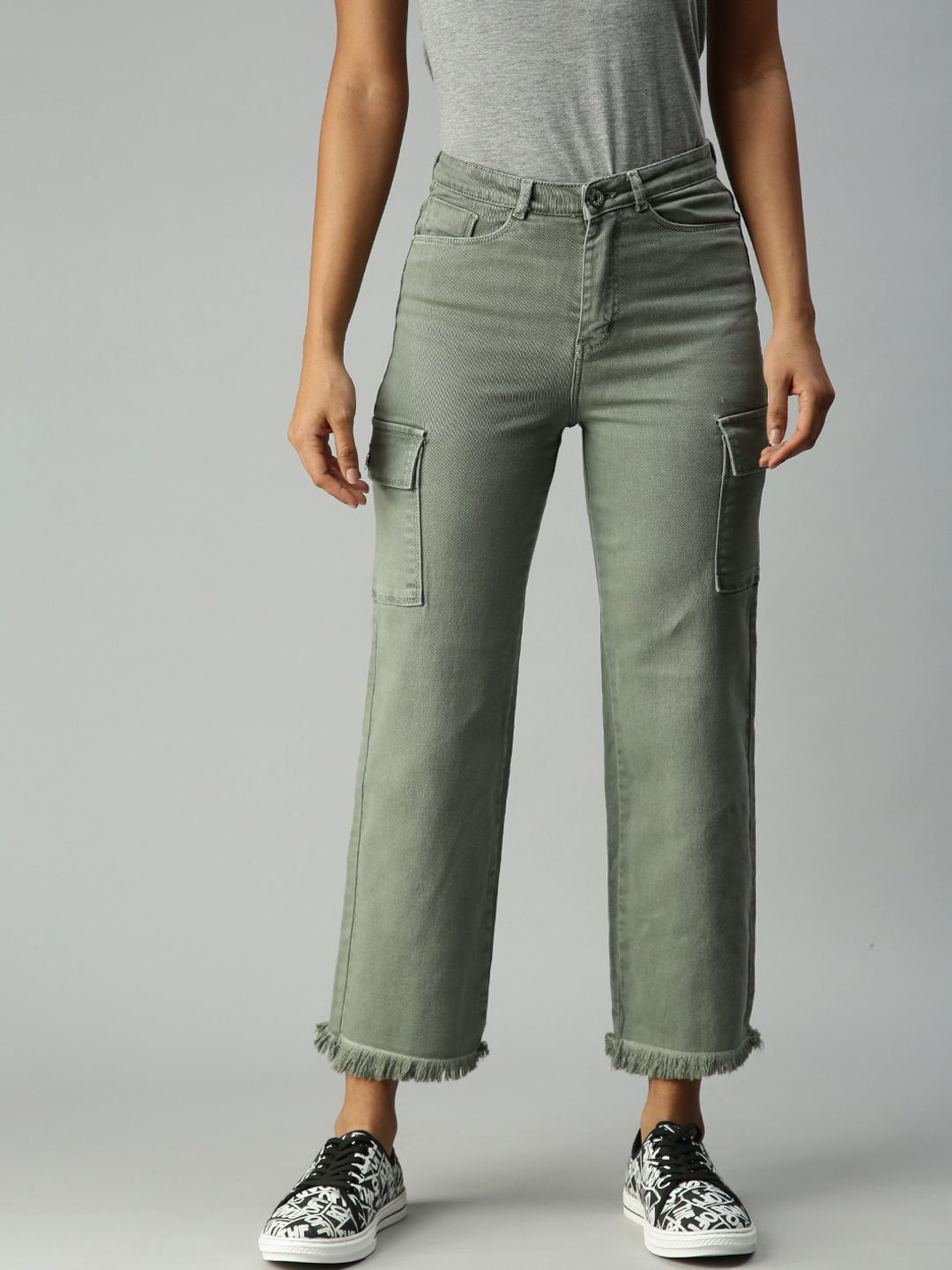 SHOWOFF Women Olive Green Wide Leg High-Rise Stretchable Jeans Price in India
