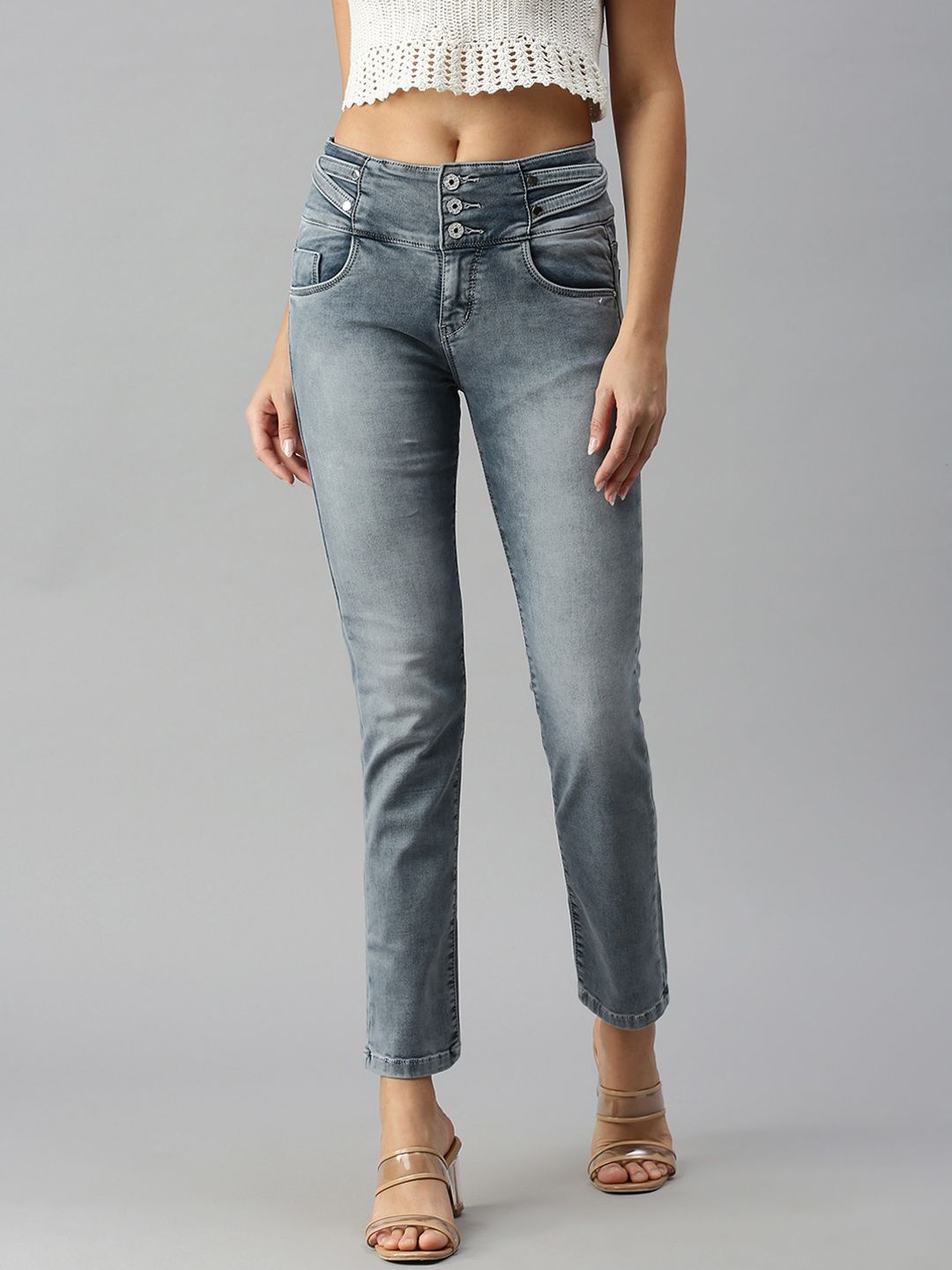 SHOWOFF Women Grey Skinny Fit High-Rise Heavy Fade Stretchable Jeans Price in India