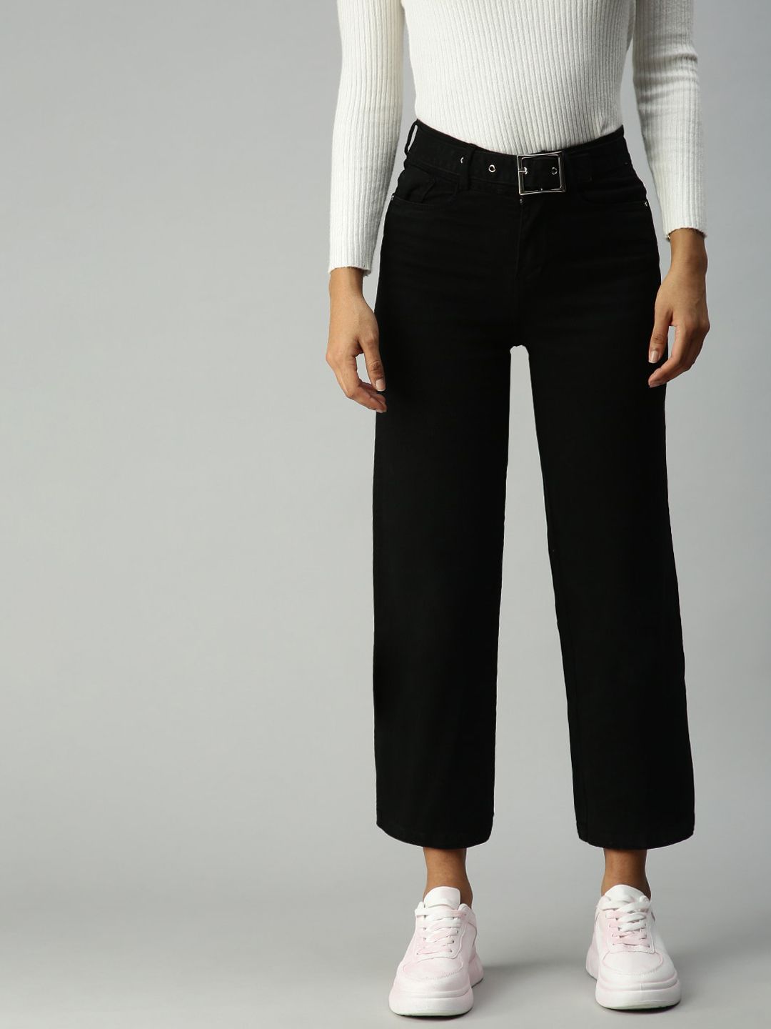 SHOWOFF Women Black Wide Leg High-Rise Stretchable Jeans With Belt Price in India