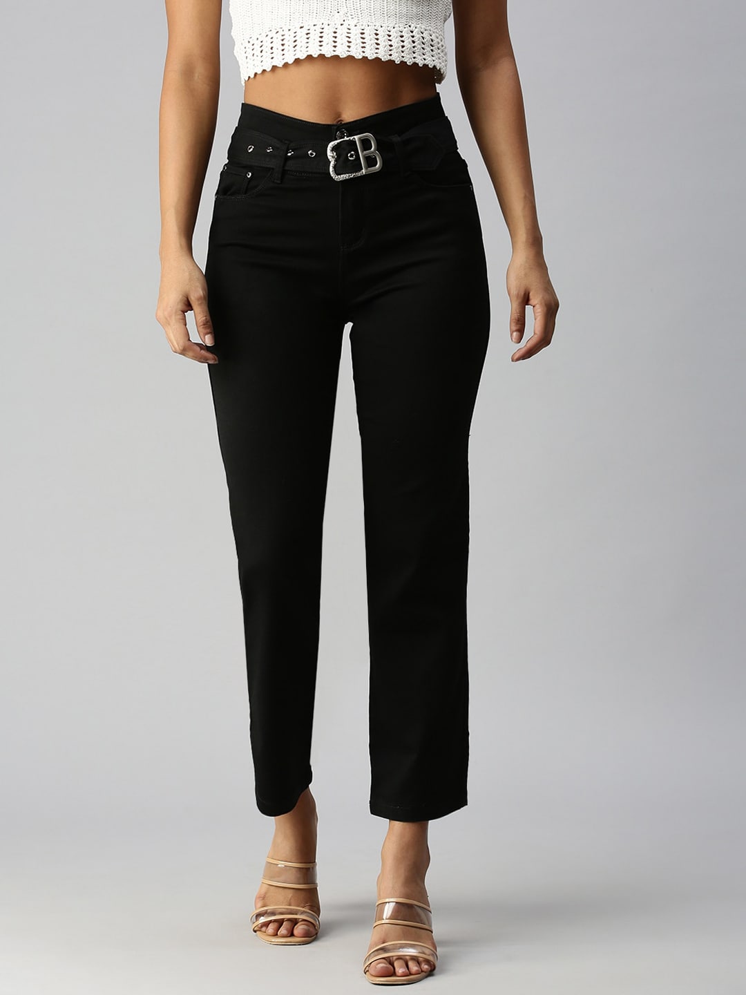 SHOWOFF Women Black Straight Fit High-Rise Stretchable Jeans Price in India