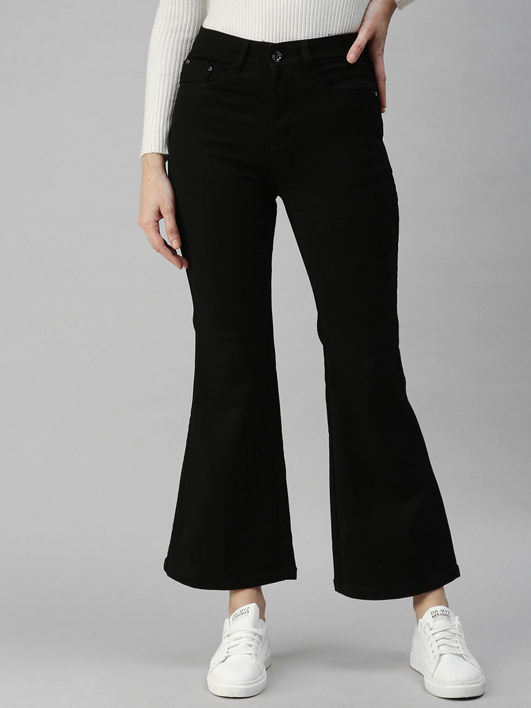 SHOWOFF Women Black Bootcut High-Rise Stretchable Cropped Jeans Price in India