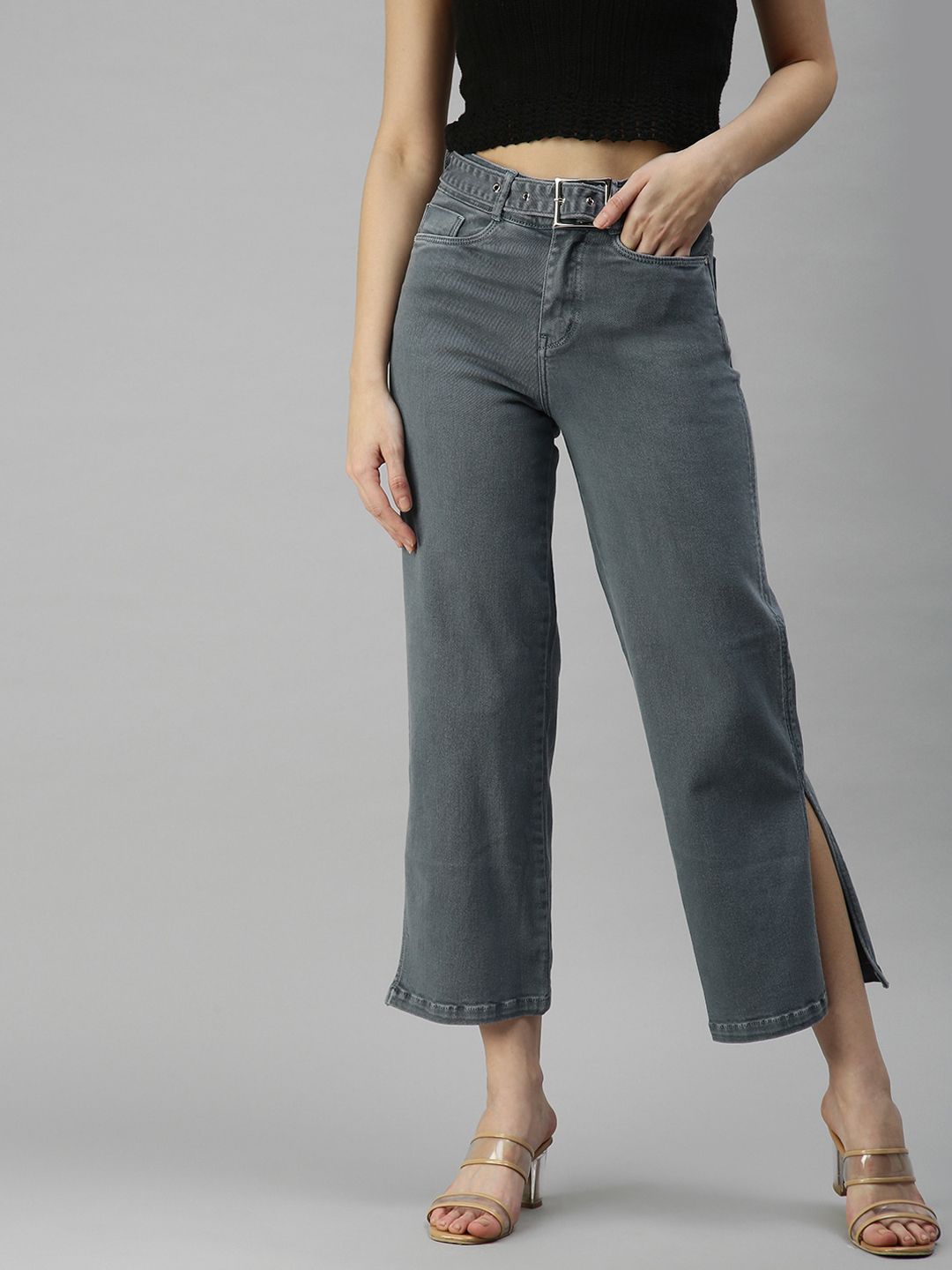 SHOWOFF Women Grey Wide Leg High-Rise Stretchable Jeans Price in India