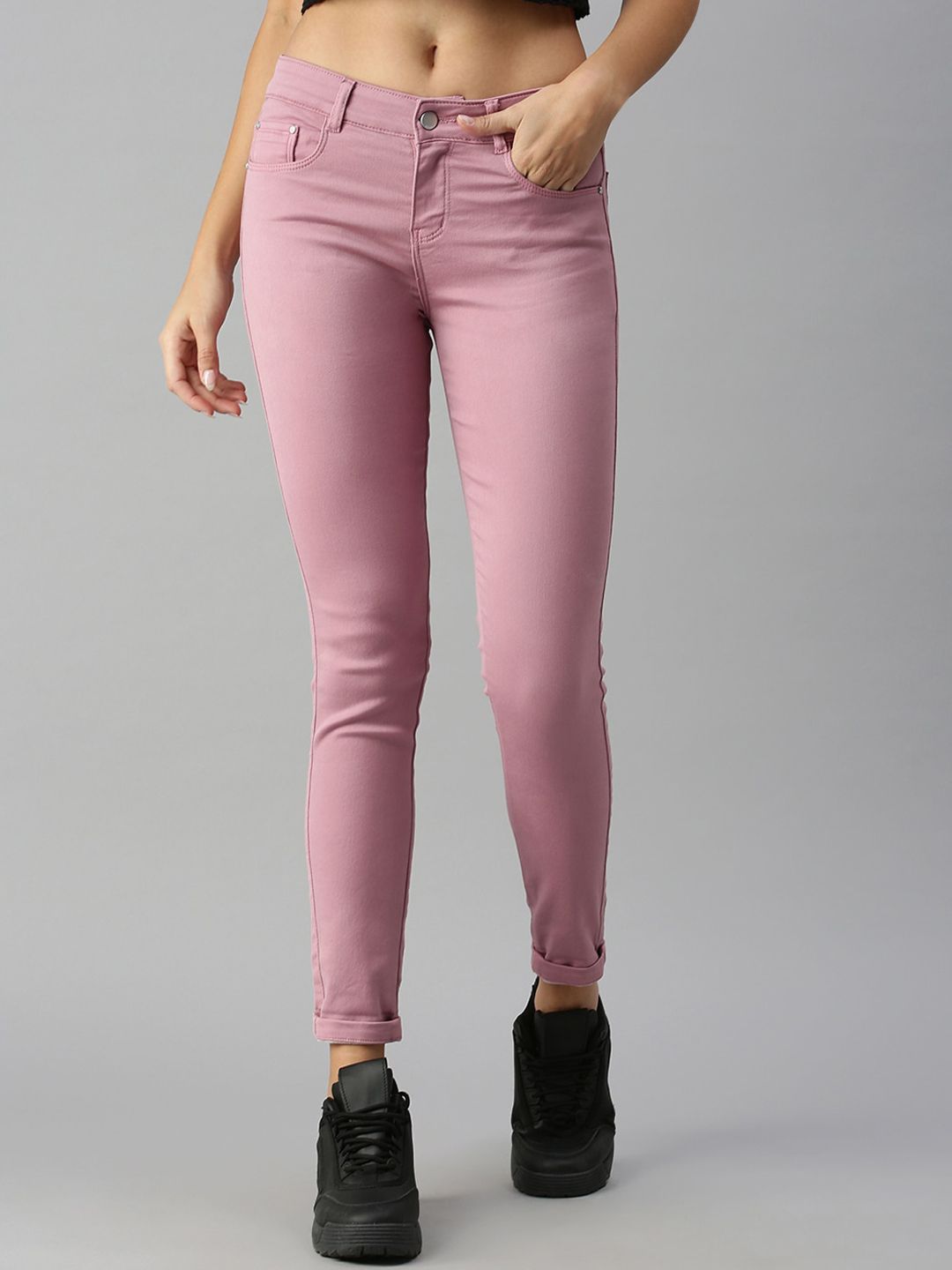 SHOWOFF Women Mauve Slim Fit High-Rise Stretchable Jeans Price in India