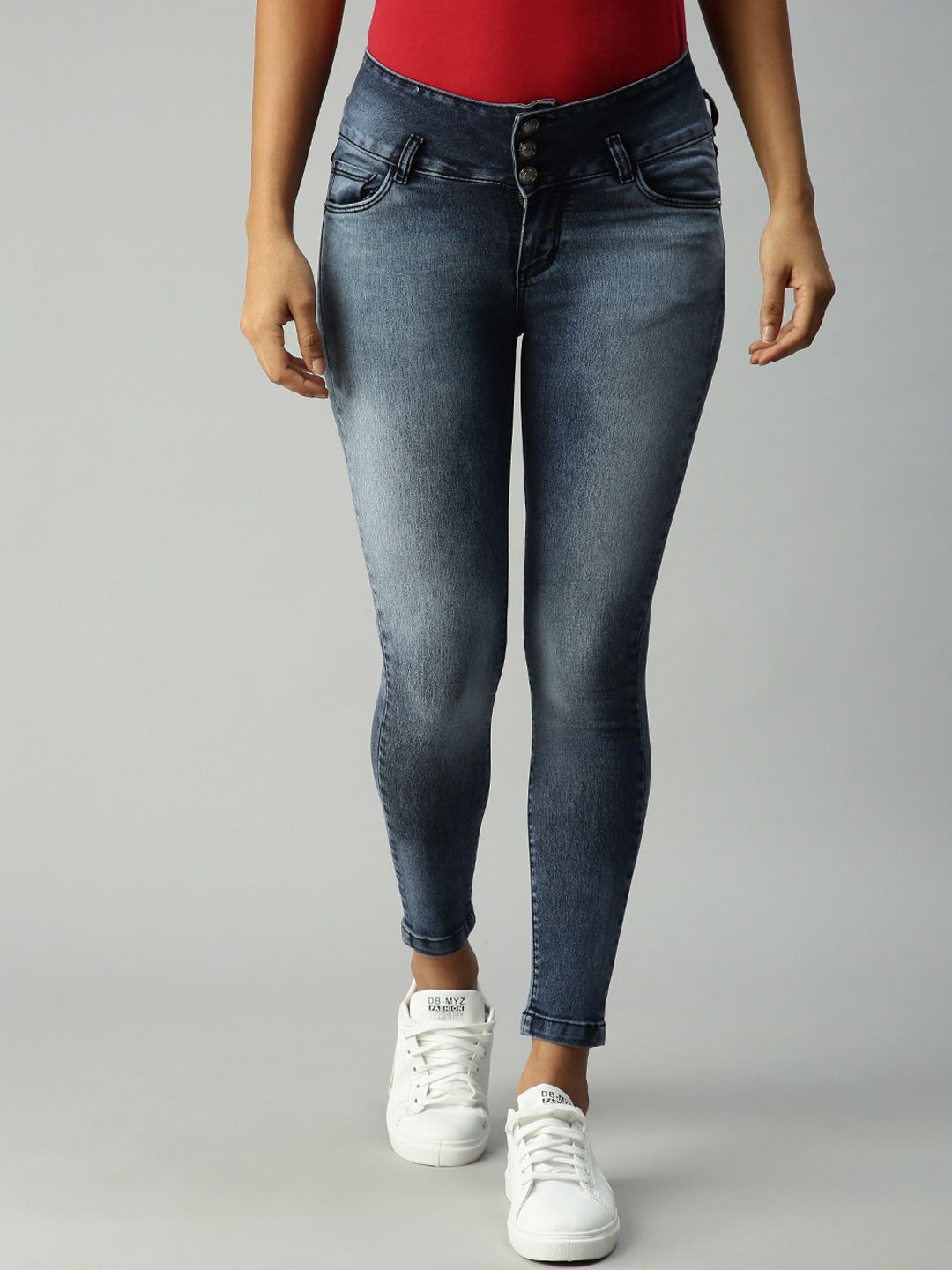 SHOWOFF Women Blue Skinny Fit High-Rise Heavy Fade Stretchable Jeans Price in India