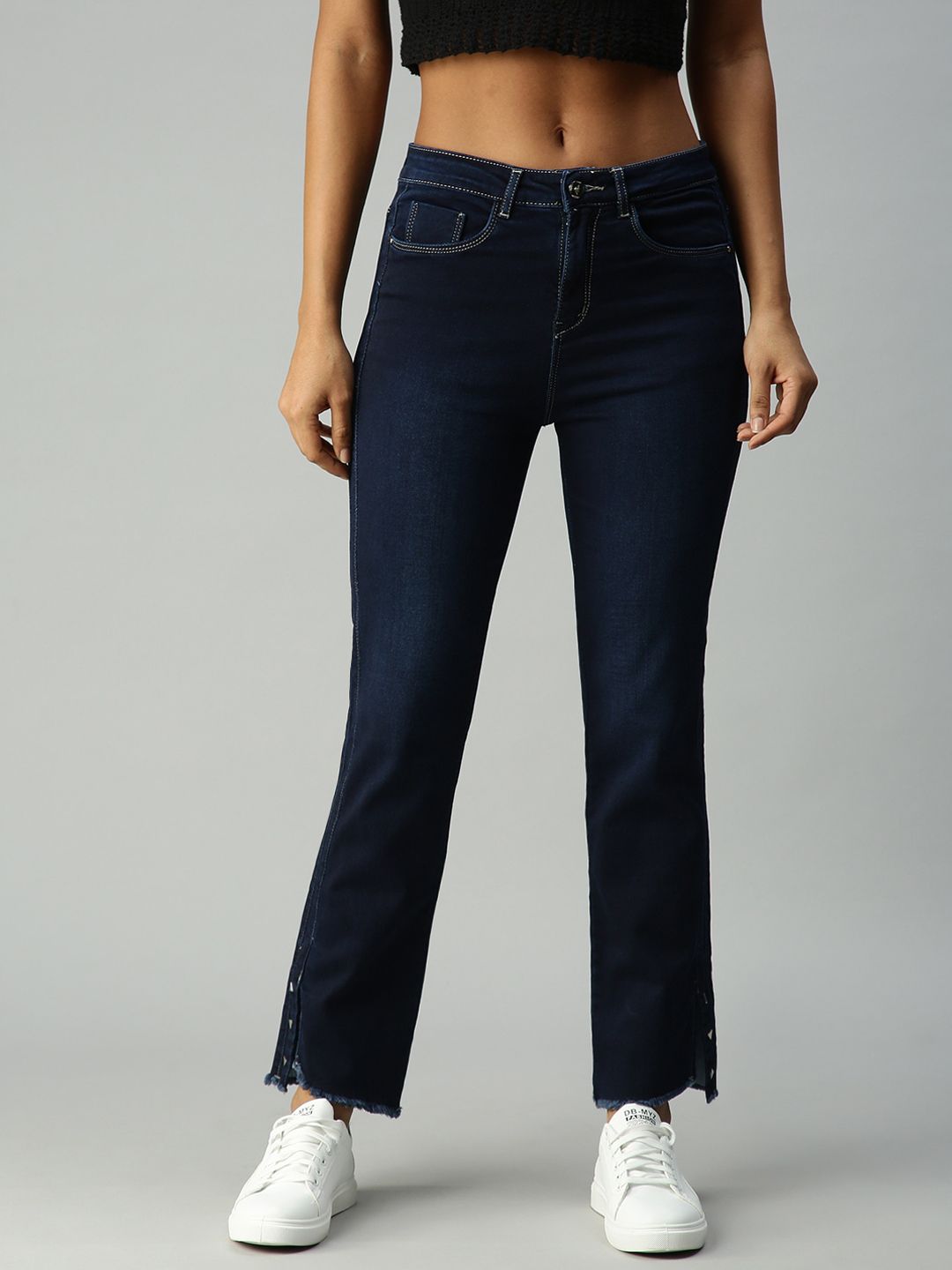 SHOWOFF Women Navy Blue Straight Fit High-Rise Light Fade Stretchable Jeans Price in India