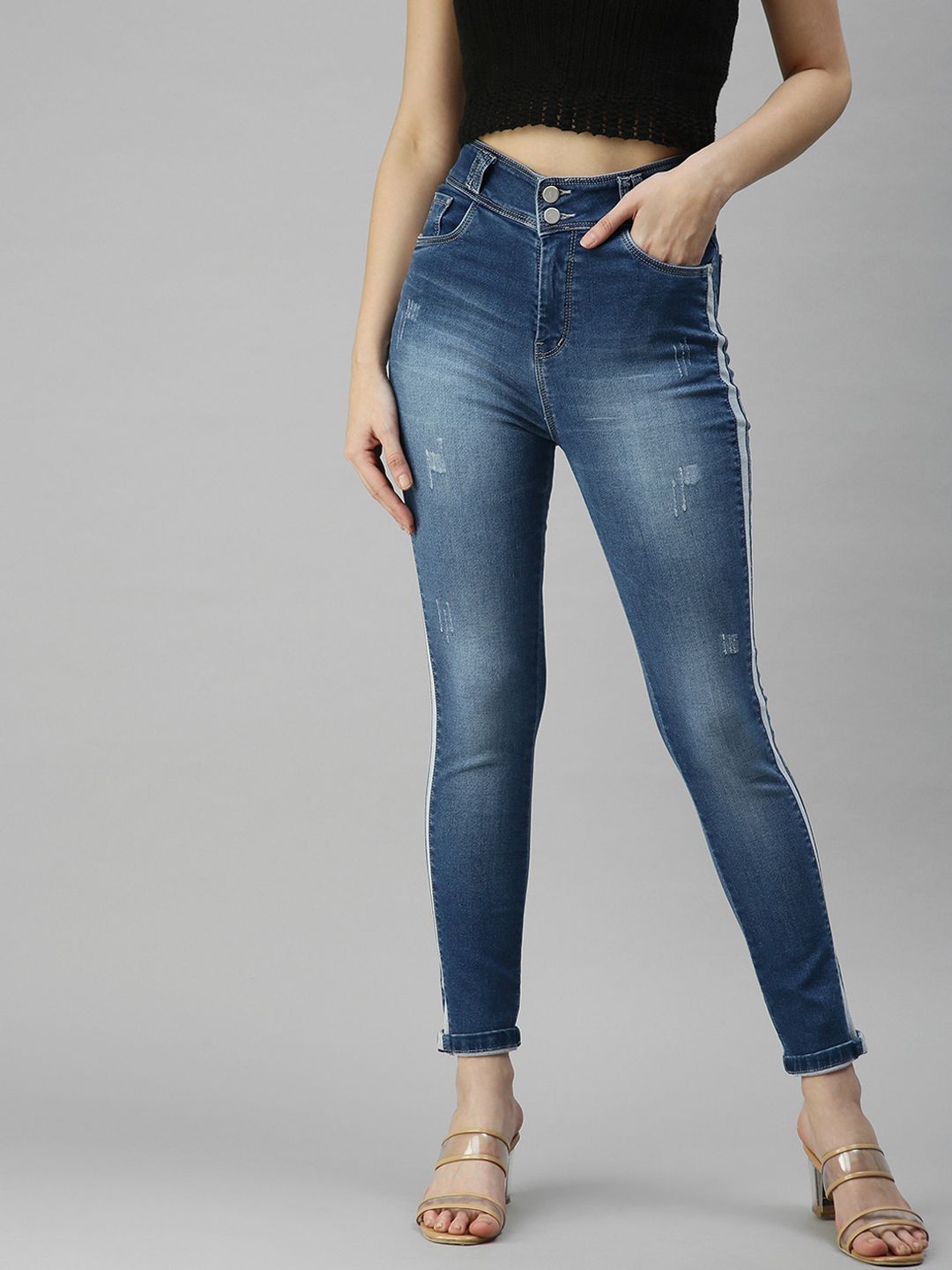 SHOWOFF Women Blue Slim Fit High-Rise Low Distressed Heavy Fade Stretchable Jeans Price in India