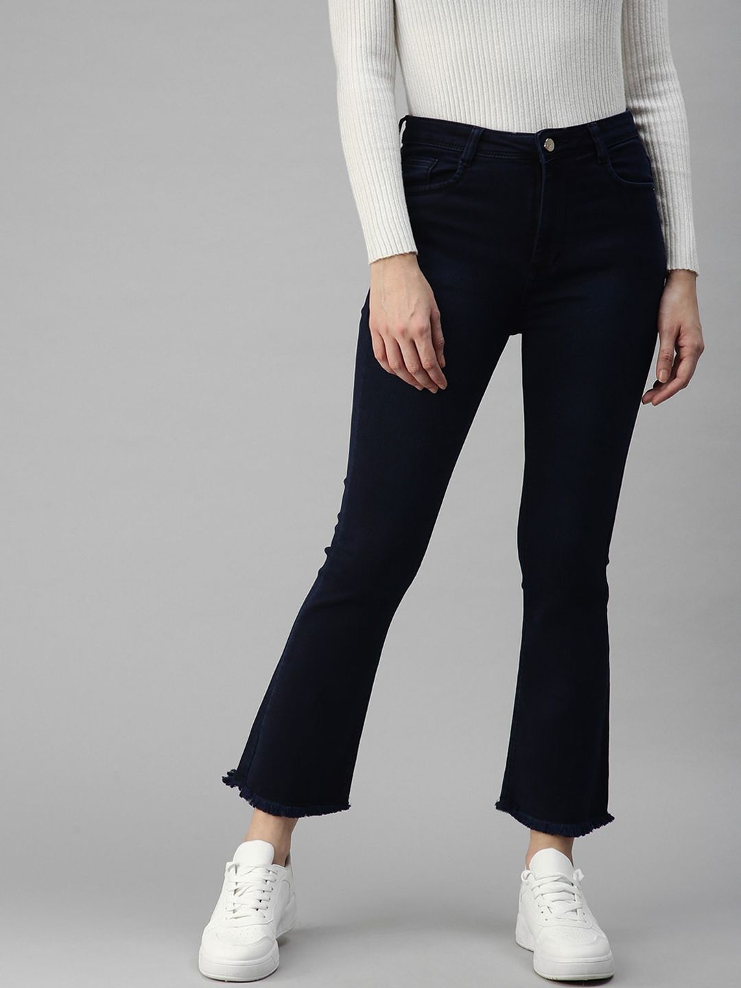 SHOWOFF Women Navy Blue Bootcut High-Rise Stretchable Jeans Price in India