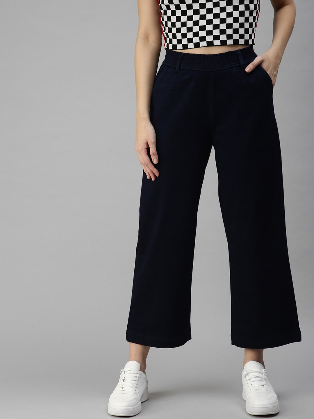 SHOWOFF Women Navy Blue Wide Leg High-Rise Stretchable Jeans Price in India