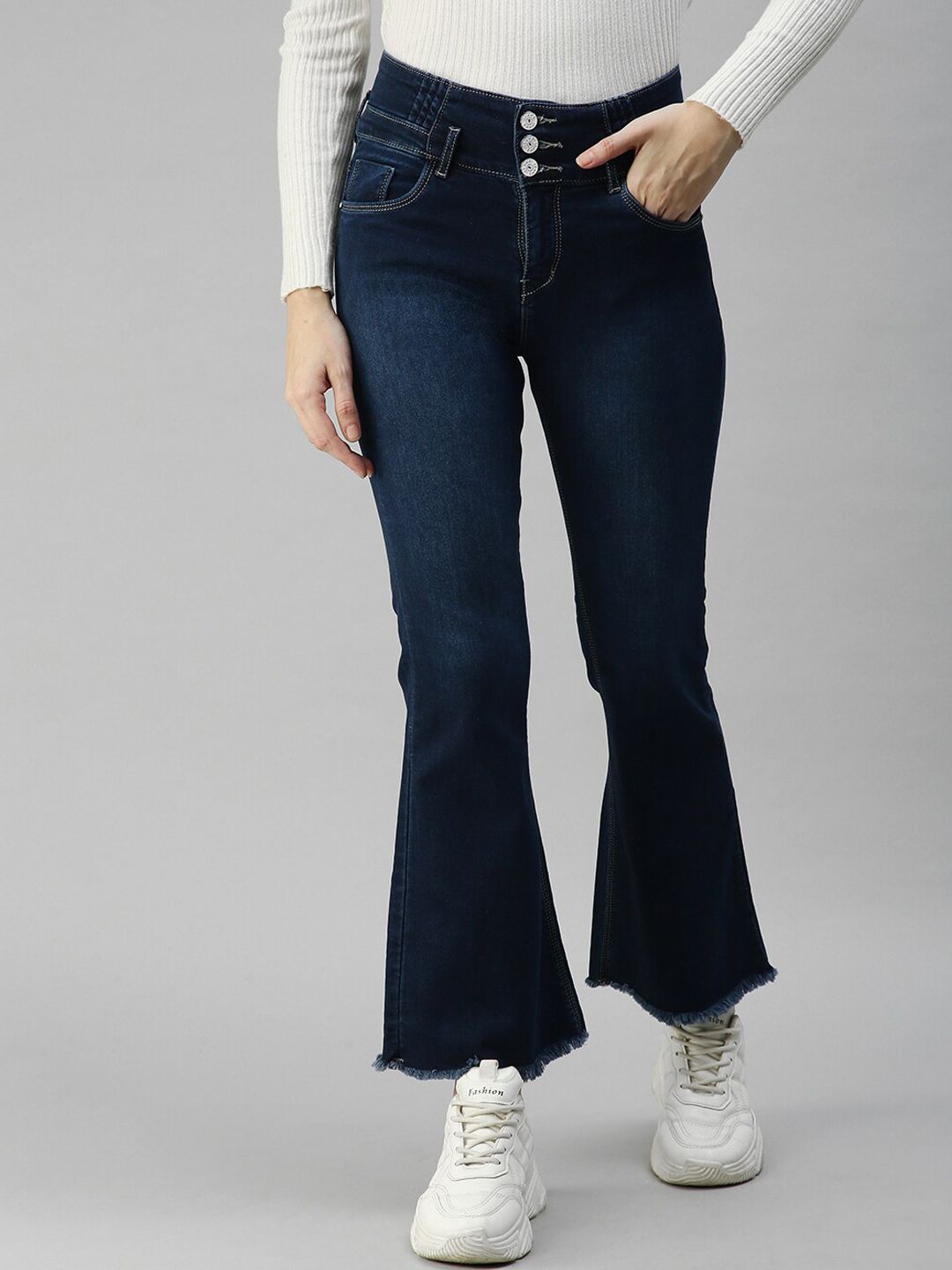 SHOWOFF Women Navy Blue Bootcut High-Rise Light Fade Stretchable Jeans Price in India