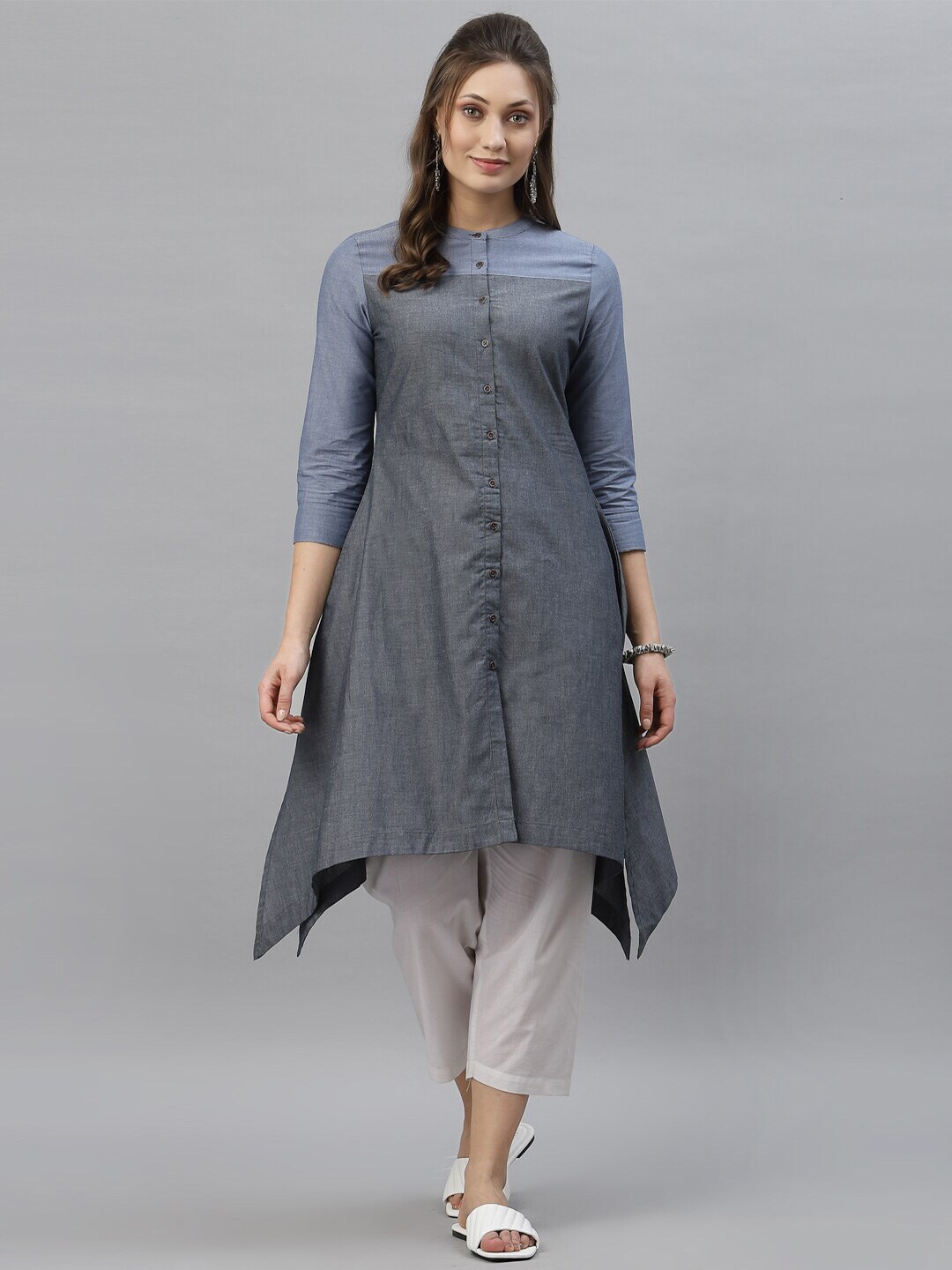 Mode by Red Tape Blue Mandarin Collar Pure Cotton Tunic Price in India