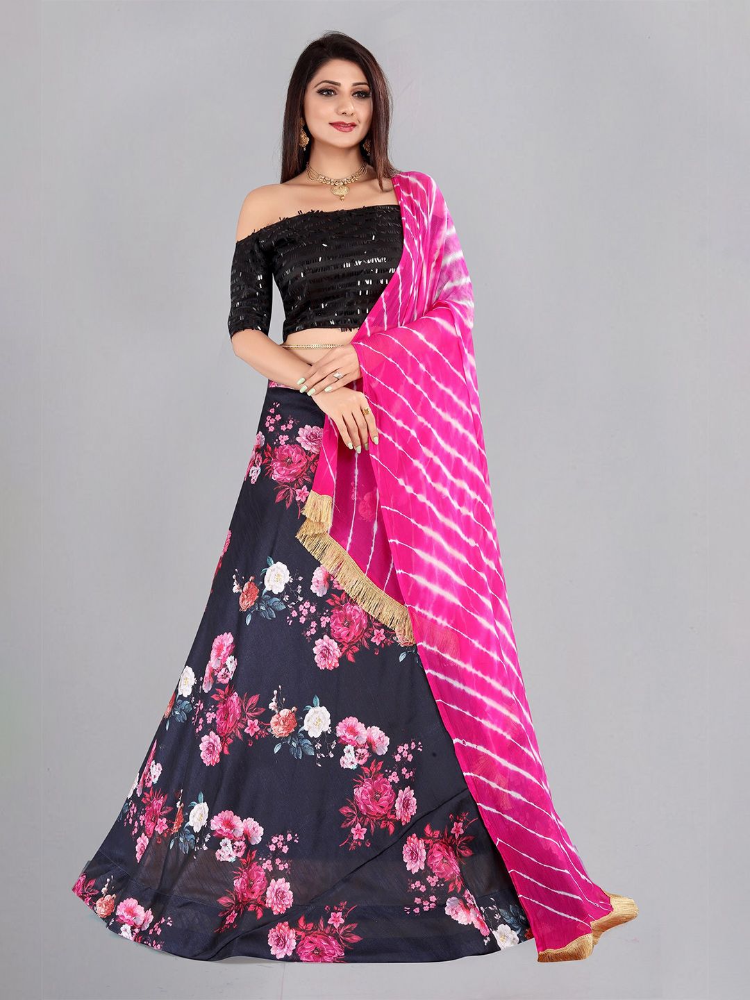 Warthy Ent Black & Magenta Embroidered Sequinned Semi-Stitched Lehenga & Unstitched Blouse With Dupatta Price in India
