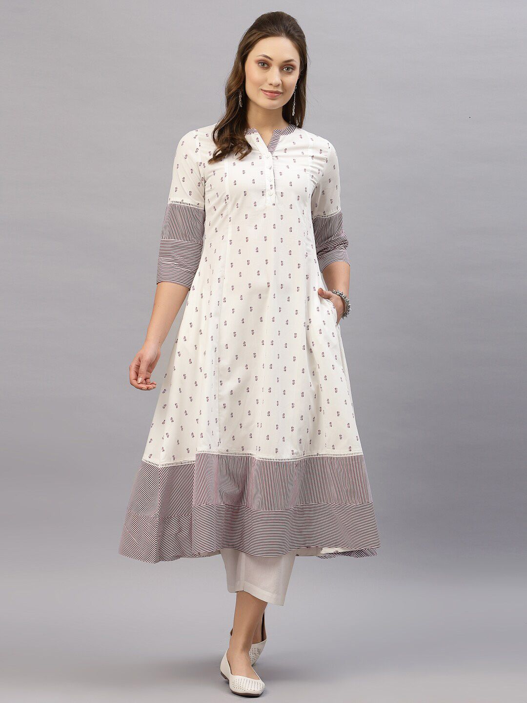 Mode by Red Tape Women Off White & Maroon Ethnic Printed A-line Kurta Price in India