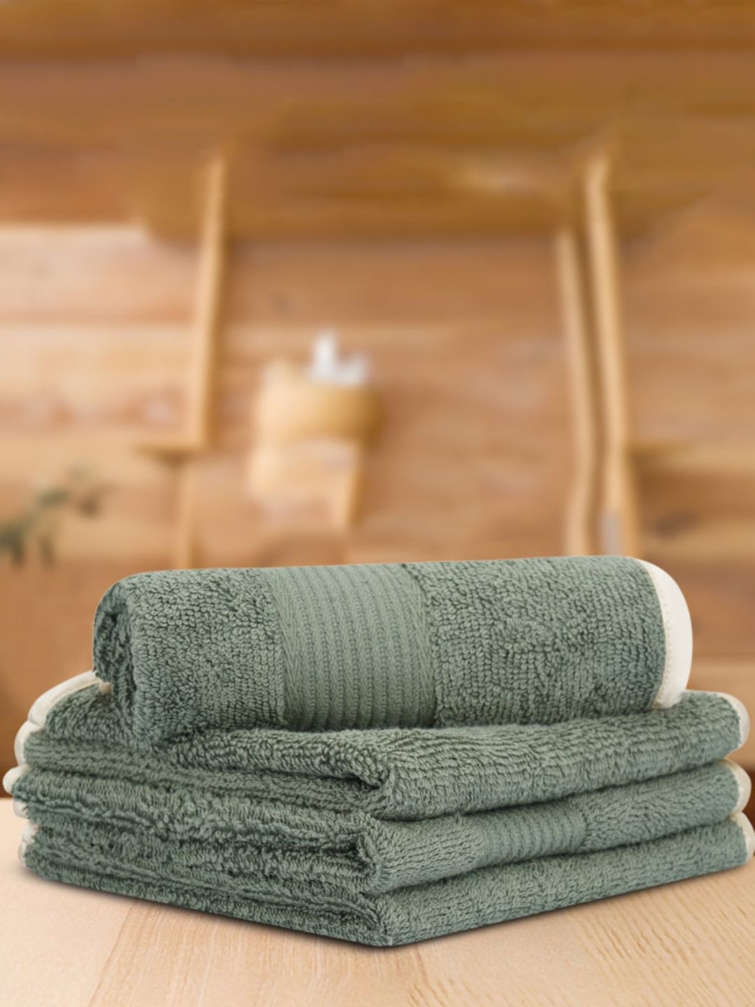 LUSH & BEYOND Pack Of 4 Olive Green Solid Pure Cotton 500GSM Face Towels Price in India