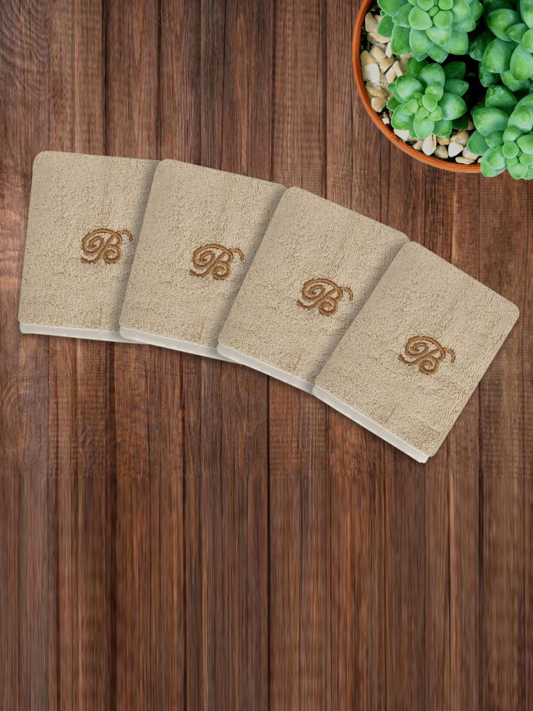 LUSH & BEYOND Set Of 4 Beige Solid 500 GSM Pure Cotton Face Towels With Initial B Price in India