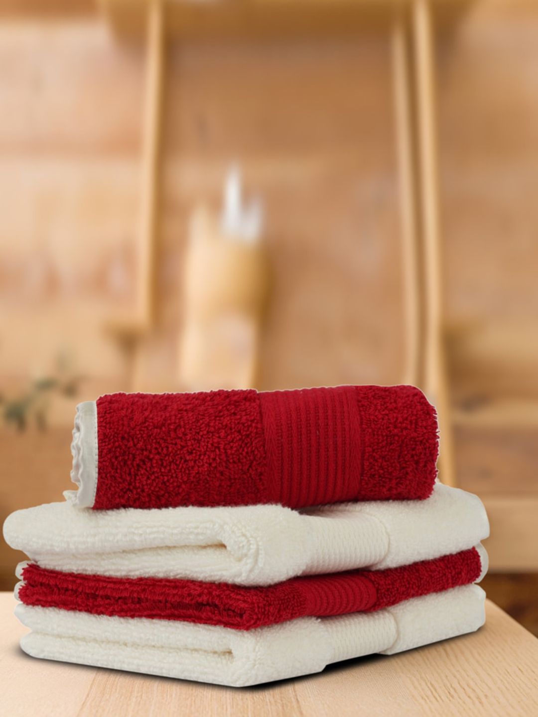 LUSH & BEYOND Set of 4 Red & Cream Solid 500 GSM Pure Cotton Face Towel Price in India