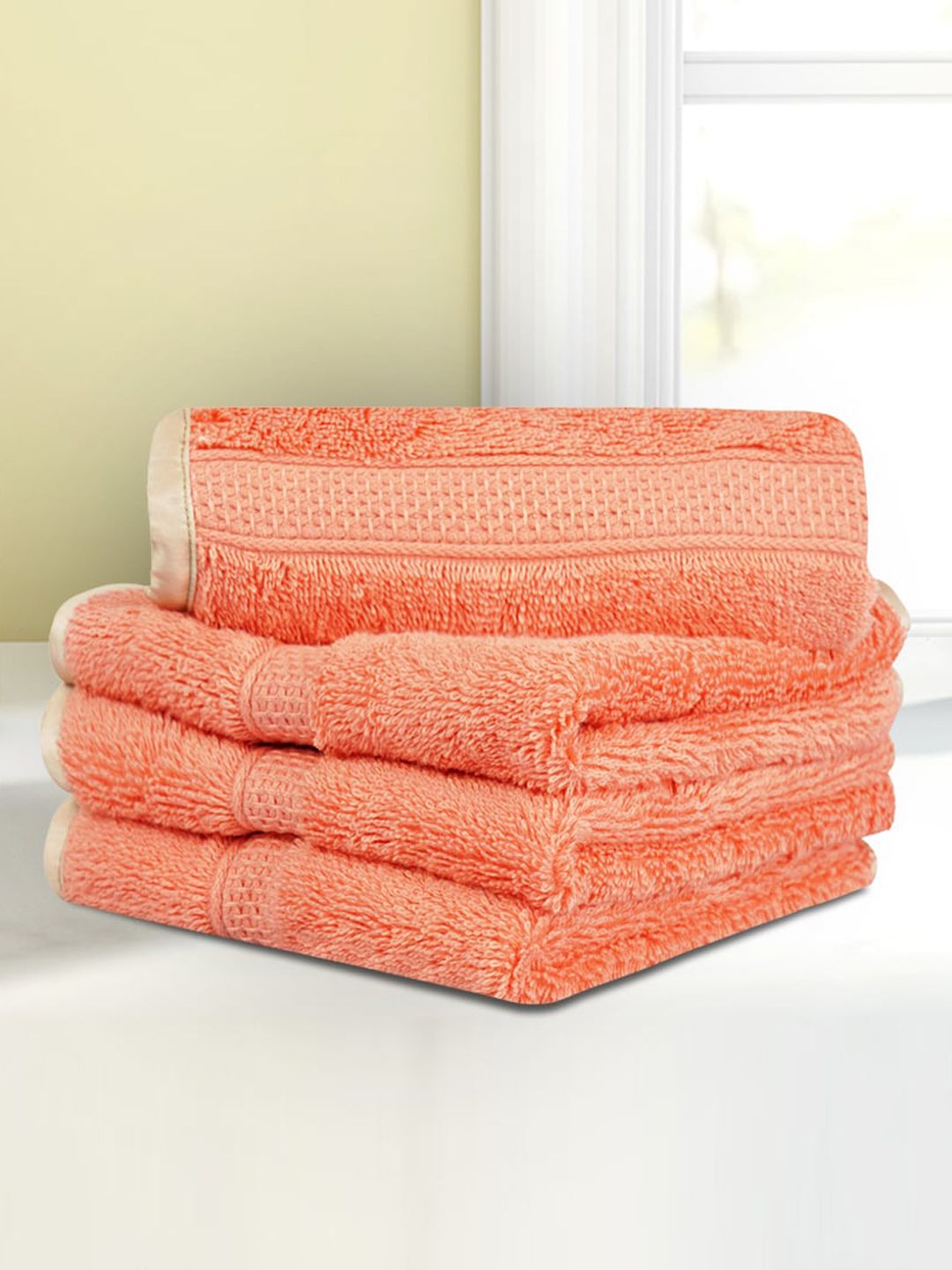 LUSH & BEYOND Unisex Orange Pack Of 4 Solid Pure Cotton 500 GSM Face Towel Price in India