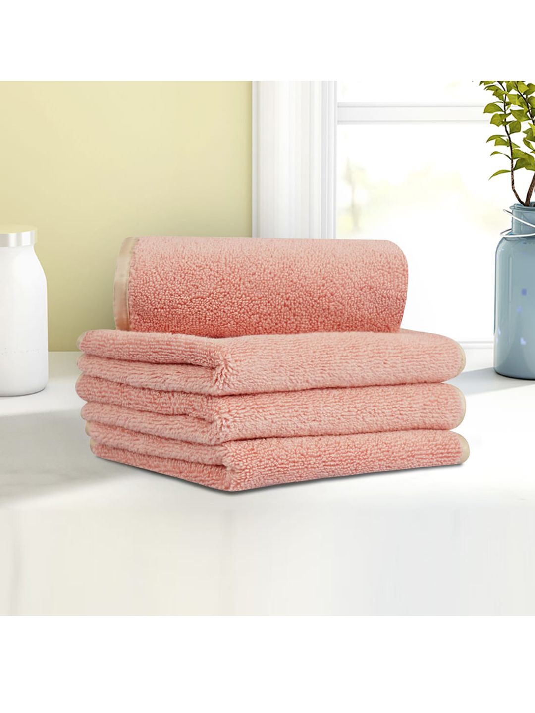 LUSH & BEYOND Set Of 4 Peach-Coloured Solid 500 GSM Pure Cotton Face Towels Price in India
