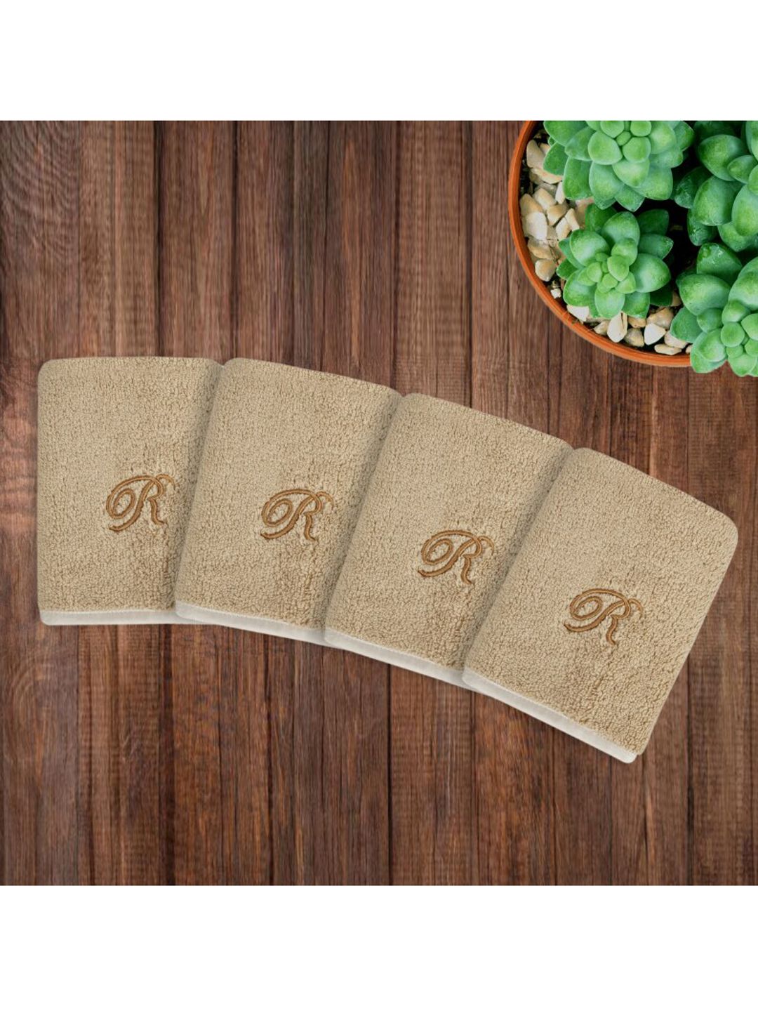 LUSH & BEYOND Beige Set Of 4 Solid 500 GSM Pure Cotton Face Towels Price in India