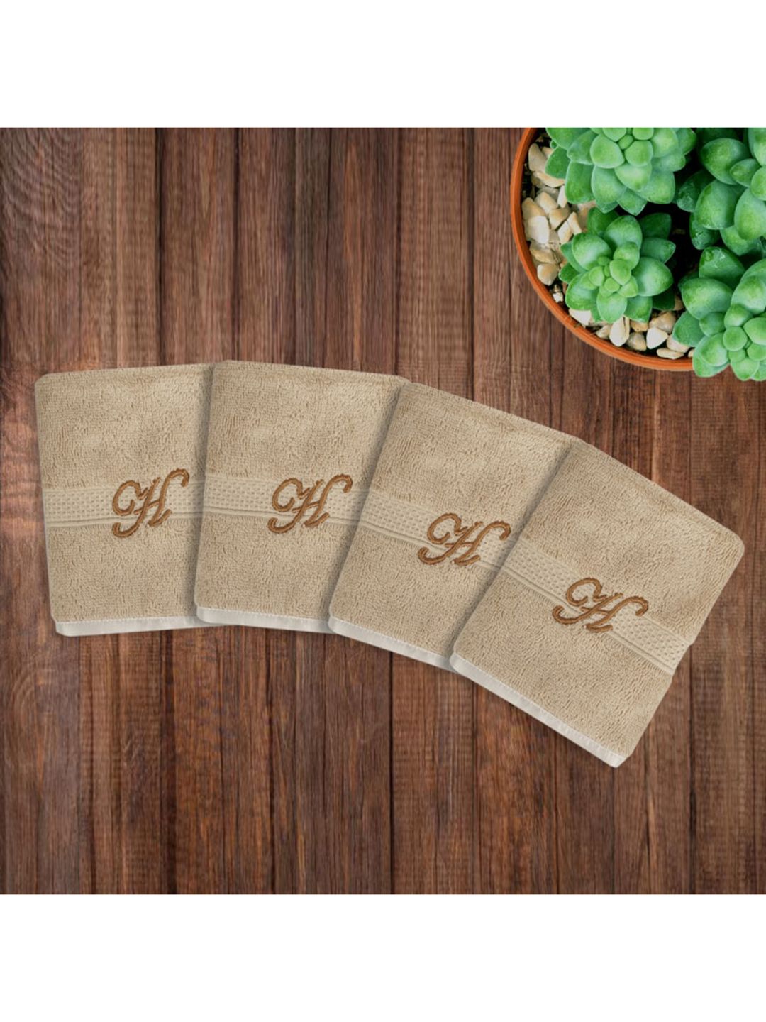 LUSH & BEYOND Set Of 4 Beige Solid 500 GSM Pure Cotton Face Towels Price in India