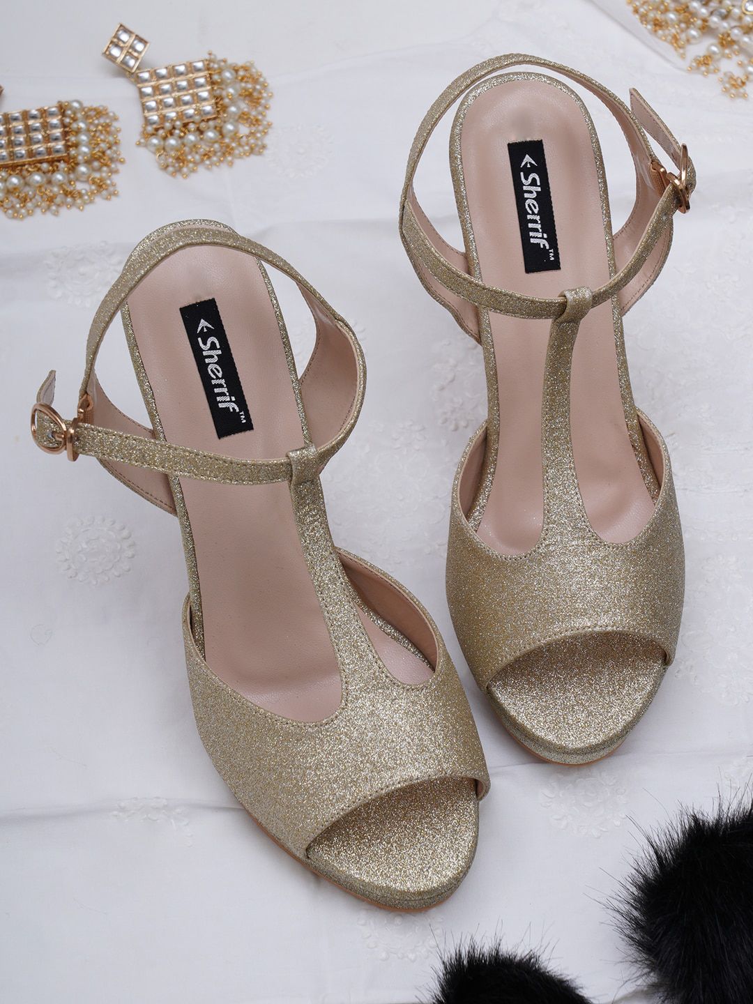 Sherrif Shoes Gold-Toned Textured Party Peep Toes Price in India