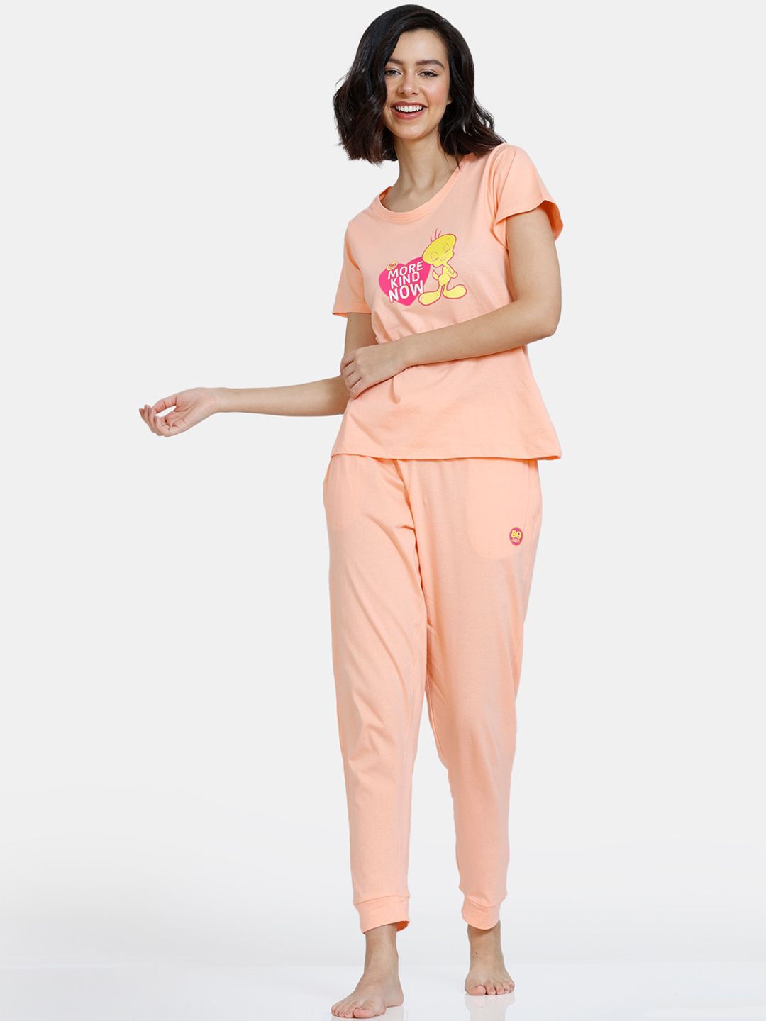 Zivame Women Peach-Coloured & White Printed Pure Cotton Night suit Price in India