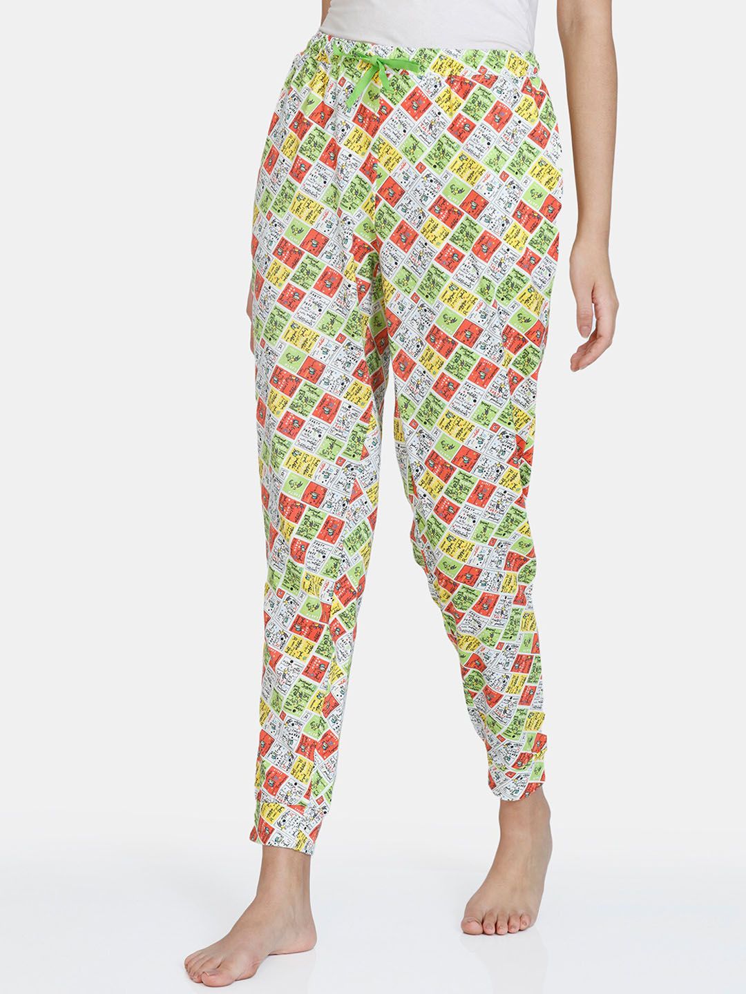 Zivame Women Green & White Printed Cotton Lounge Pants Price in India