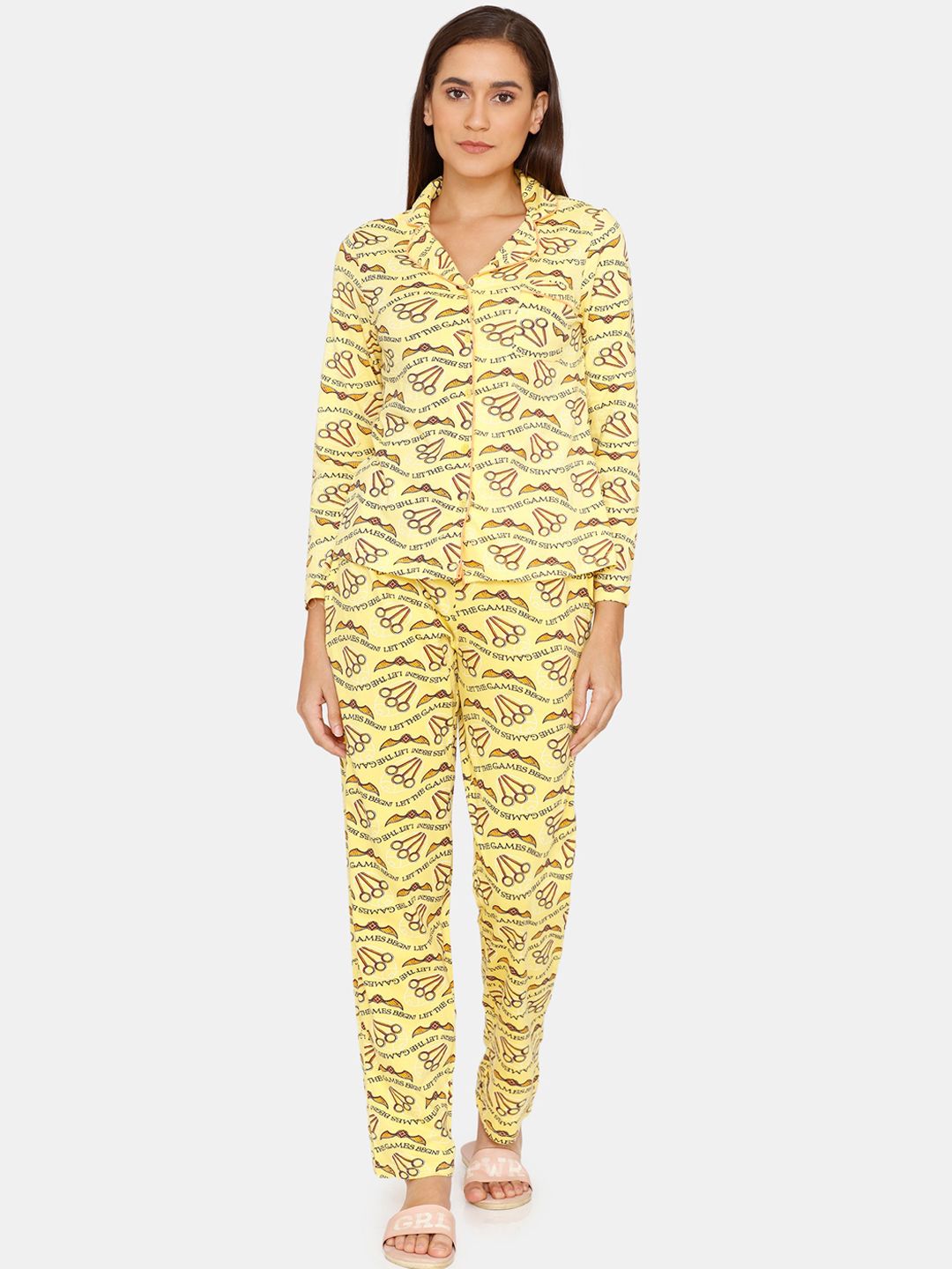 Zivame Women Yellow & Black Printed Pure Cotton Night suit Price in India