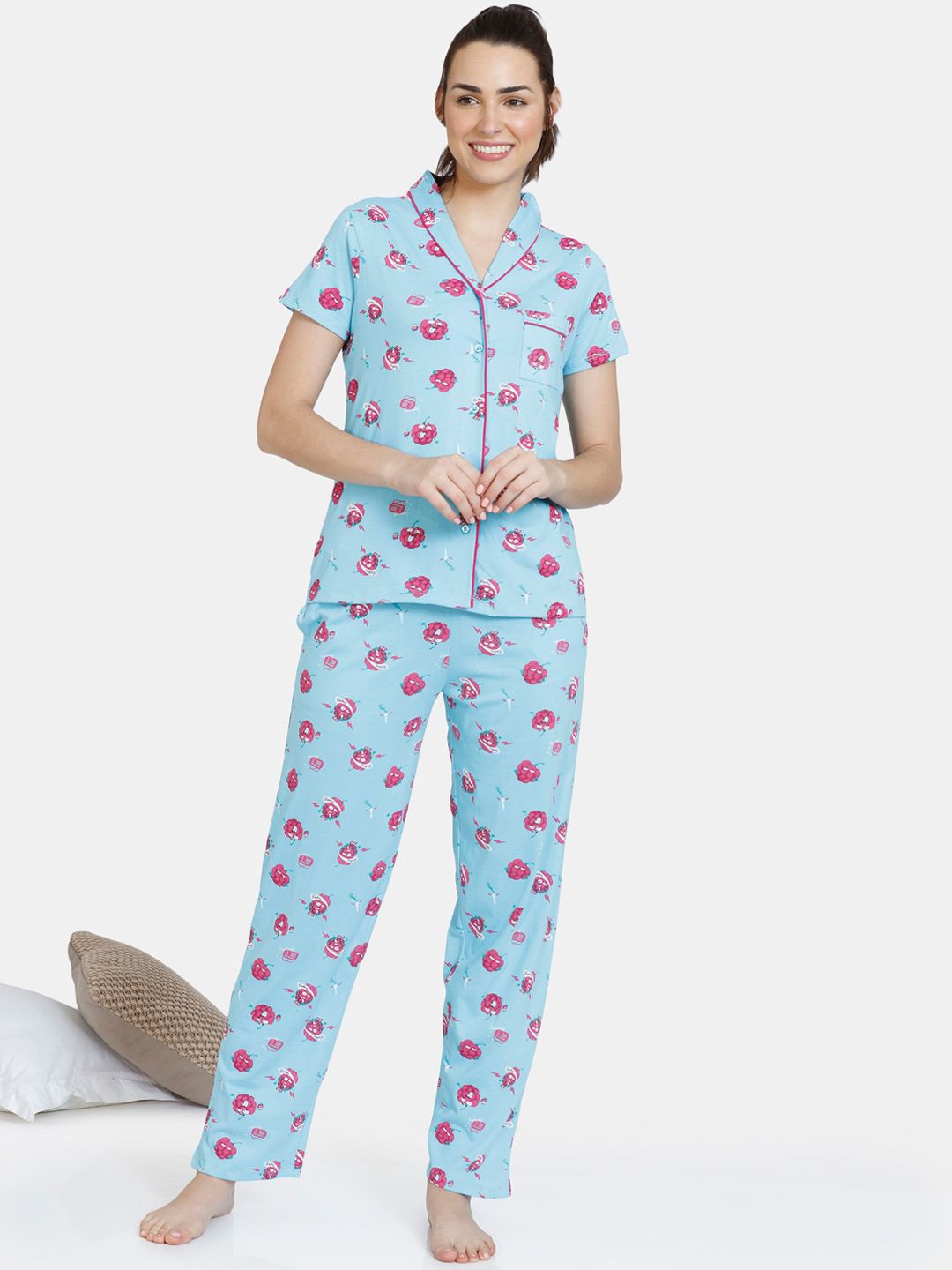 Zivame Women Blue & Pink Pure Cotton Printed Night suit Price in India