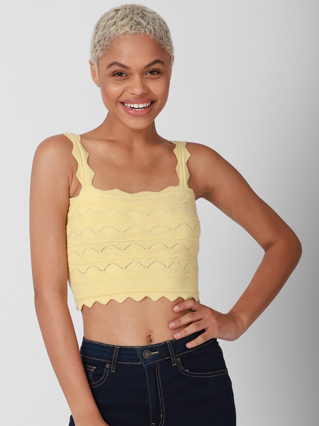 FOREVER 21 Women Yellow Shoulder Strap Crop Sweater Vest Price in India