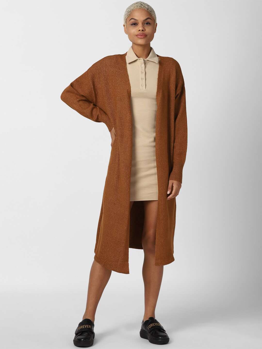FOREVER 21 Women Brown Solid Longline Cardigan Price in India