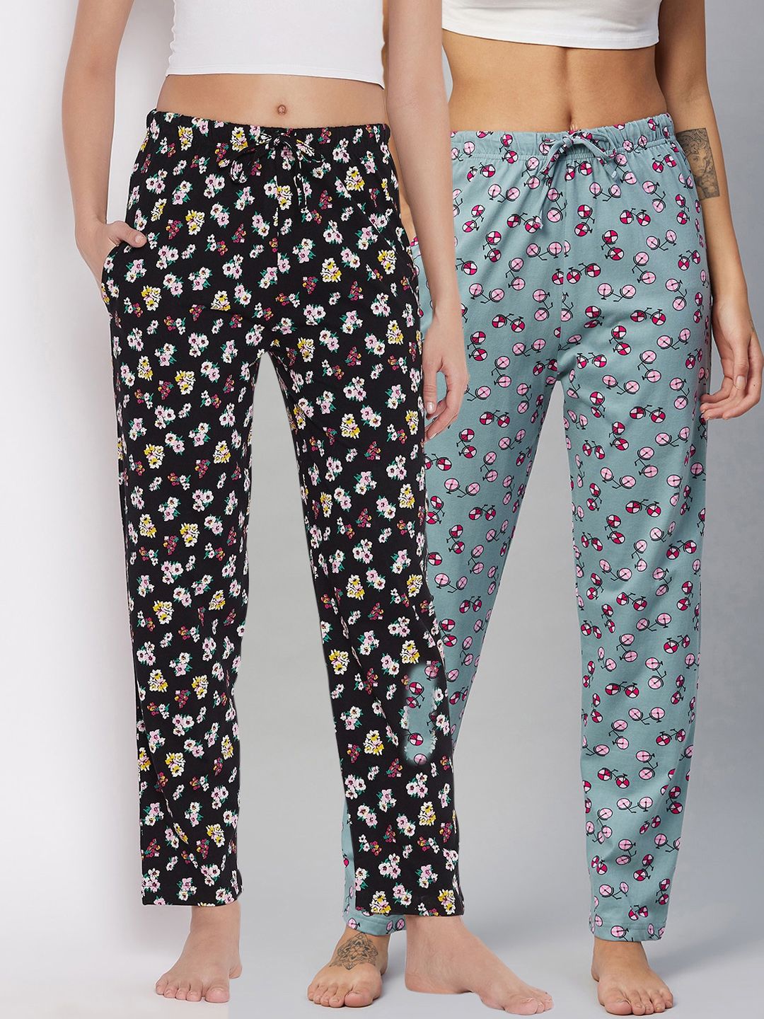 C9 AIRWEAR Women Black & Blue Floral Printed Pure Cotton Lounge Pants Pack Of 2 Price in India