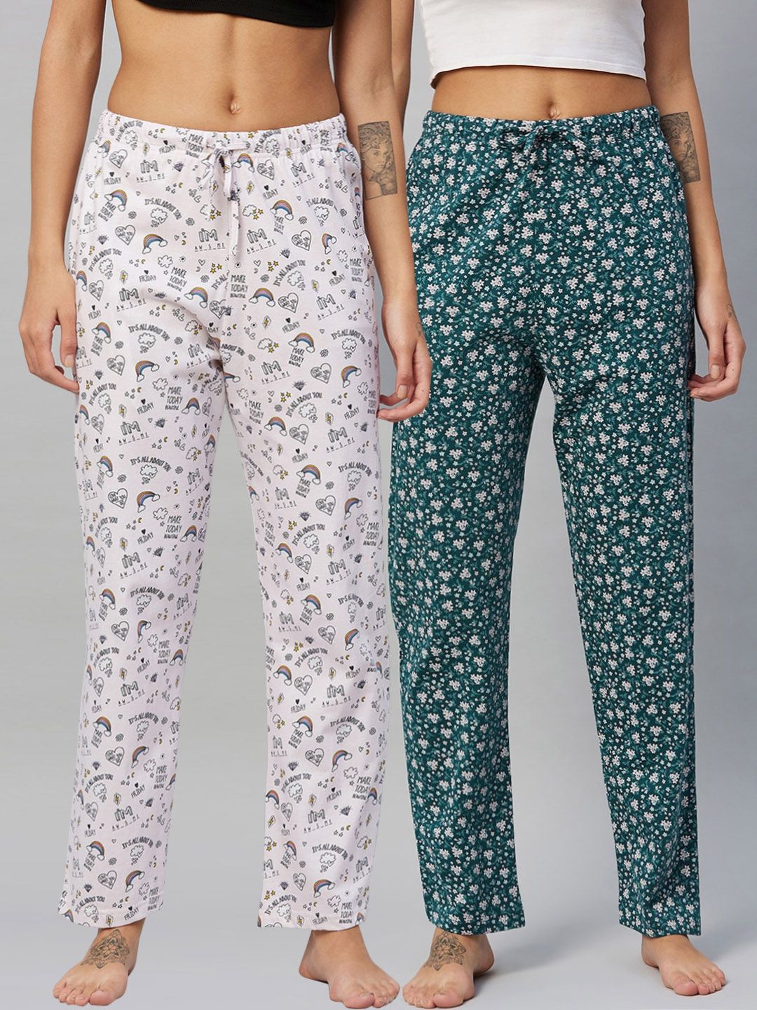 C9 AIRWEAR Women Pack of 2 Pink & Green Printed Relaxed Fit Cotton Lounge Pants Price in India