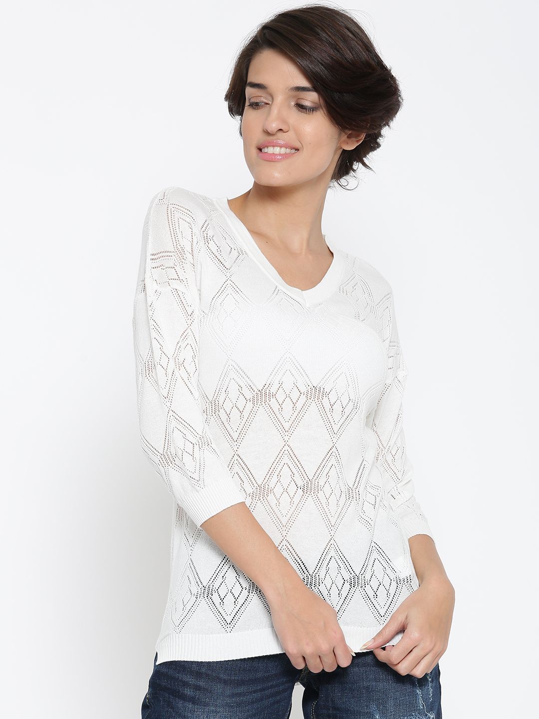 United Colors of Benetton Women White Patterned Pure Cotton Top Price in India