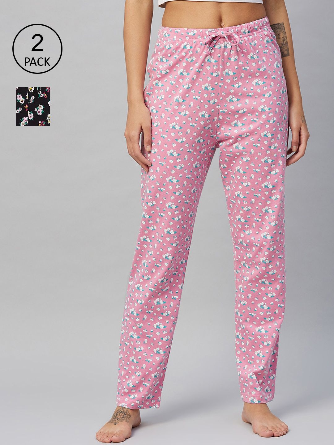 C9 AIRWEAR Women Pack of 2 Pink & Black Printed Relaxed Fit Cotton Lounge Pants Price in India