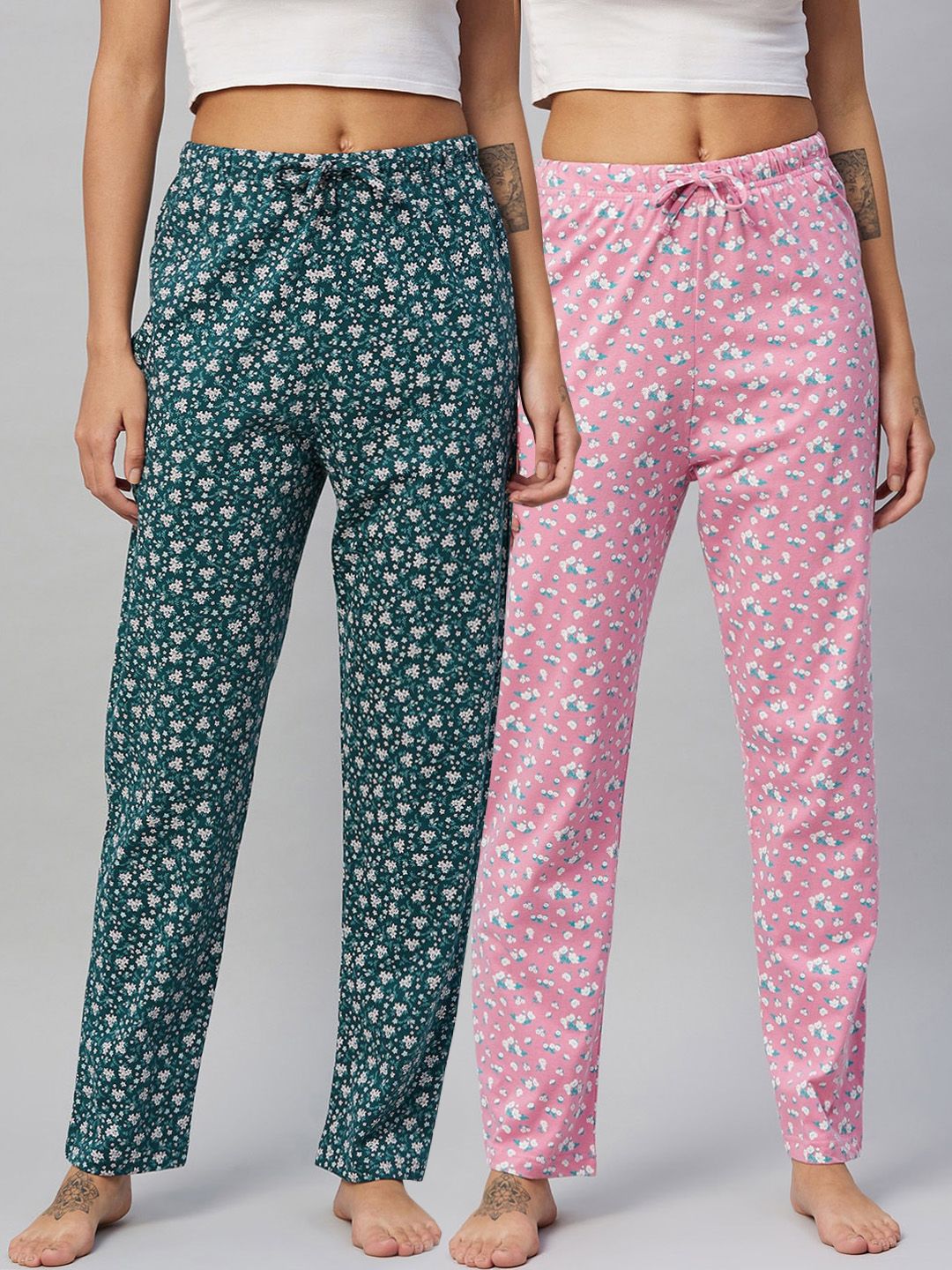 C9 AIRWEAR Women Pack of 2 Pink & Green Printed Pure Cotton Comfort Lounge Pants Price in India