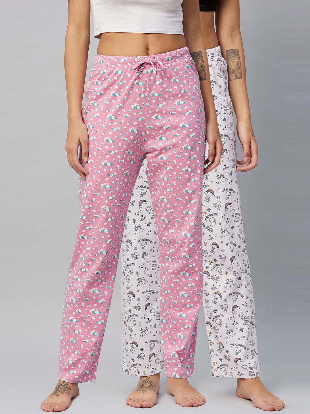 C9 AIRWEAR Women Pack of 2 White & Pink Printed Pure Cotton Comfort Lounge Pants Price in India