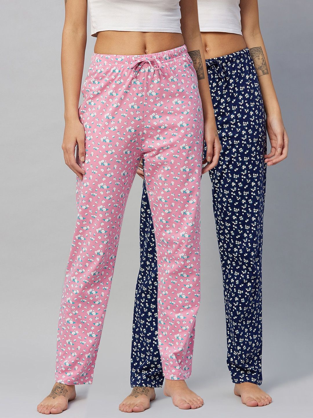 C9 AIRWEAR Women Pack of 2 Pink & Blue Printed Pure Cotton Comfort Lounge Pants Price in India