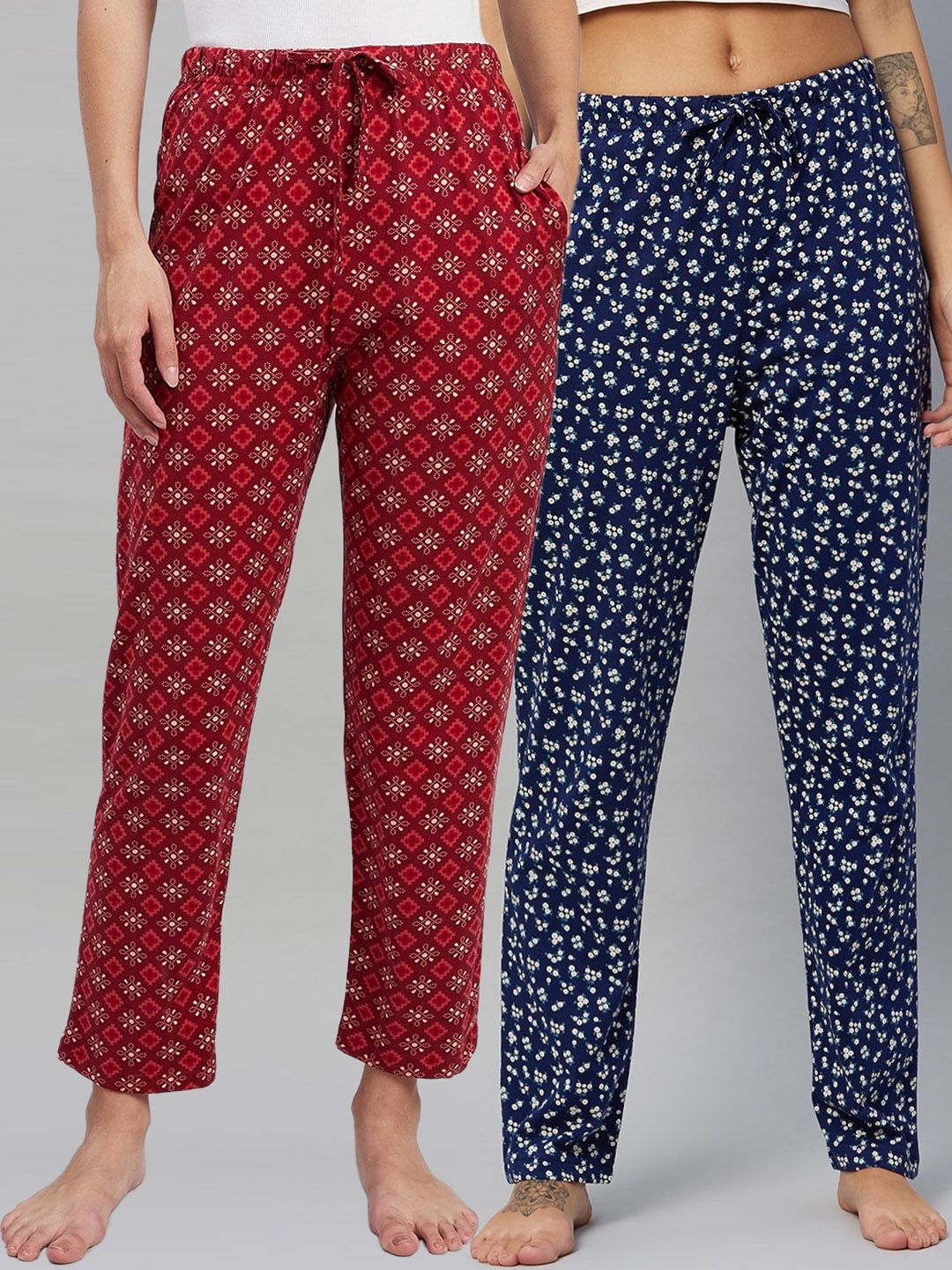 C9 AIRWEAR Women Pack of 2 Blue & Maroon Floral Printed Pure Cotton Comfort Lounge Pants Price in India