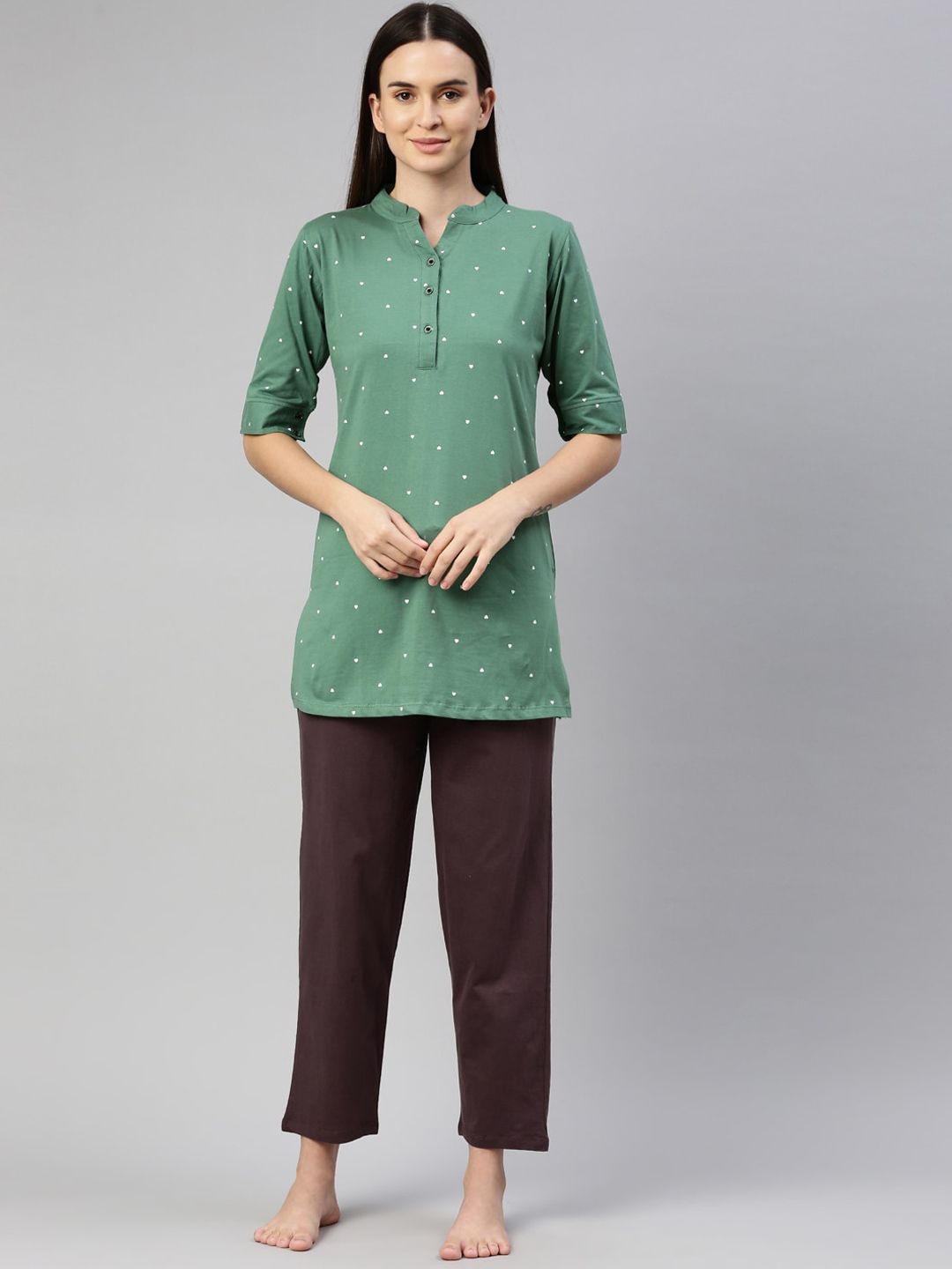 GOLDSTROMS Women Green & Brown Printed Night suit Price in India