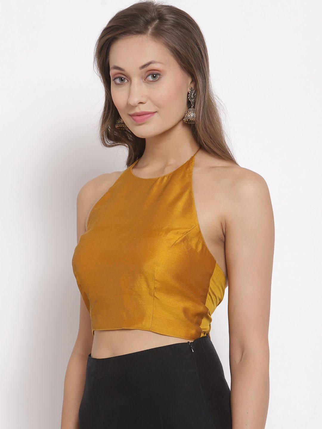 Desi Weavess Women Yellow Halter Neck Pure Cotton Orcher Blouse Price in India