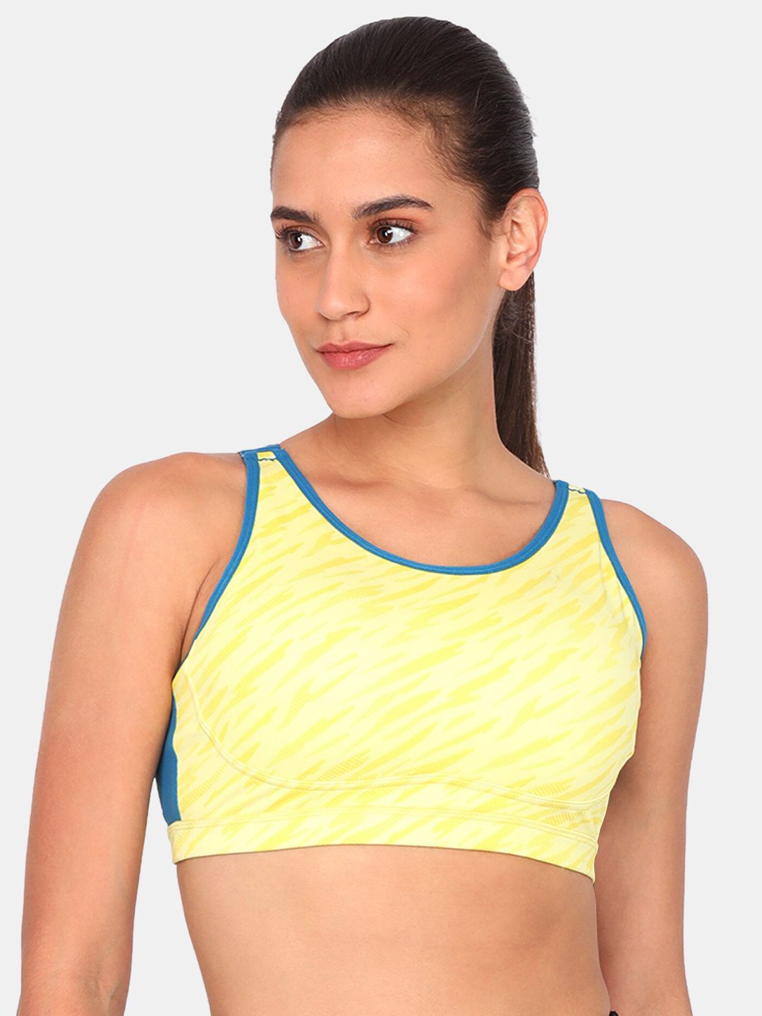 Zelocity by Zivame Yellow & Blue Abstract Non Wired Full Coverage Workout Bra Price in India