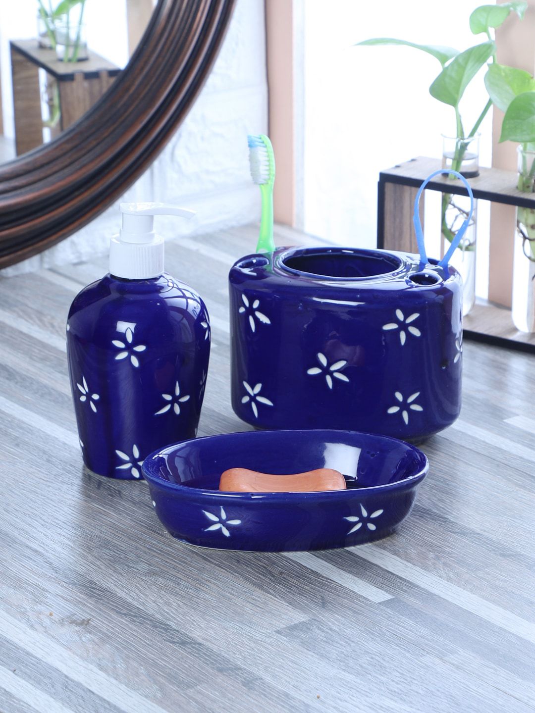 CDI Set Of 3 Blue & White Printed Ceramic Bathroom Accessories Price in India