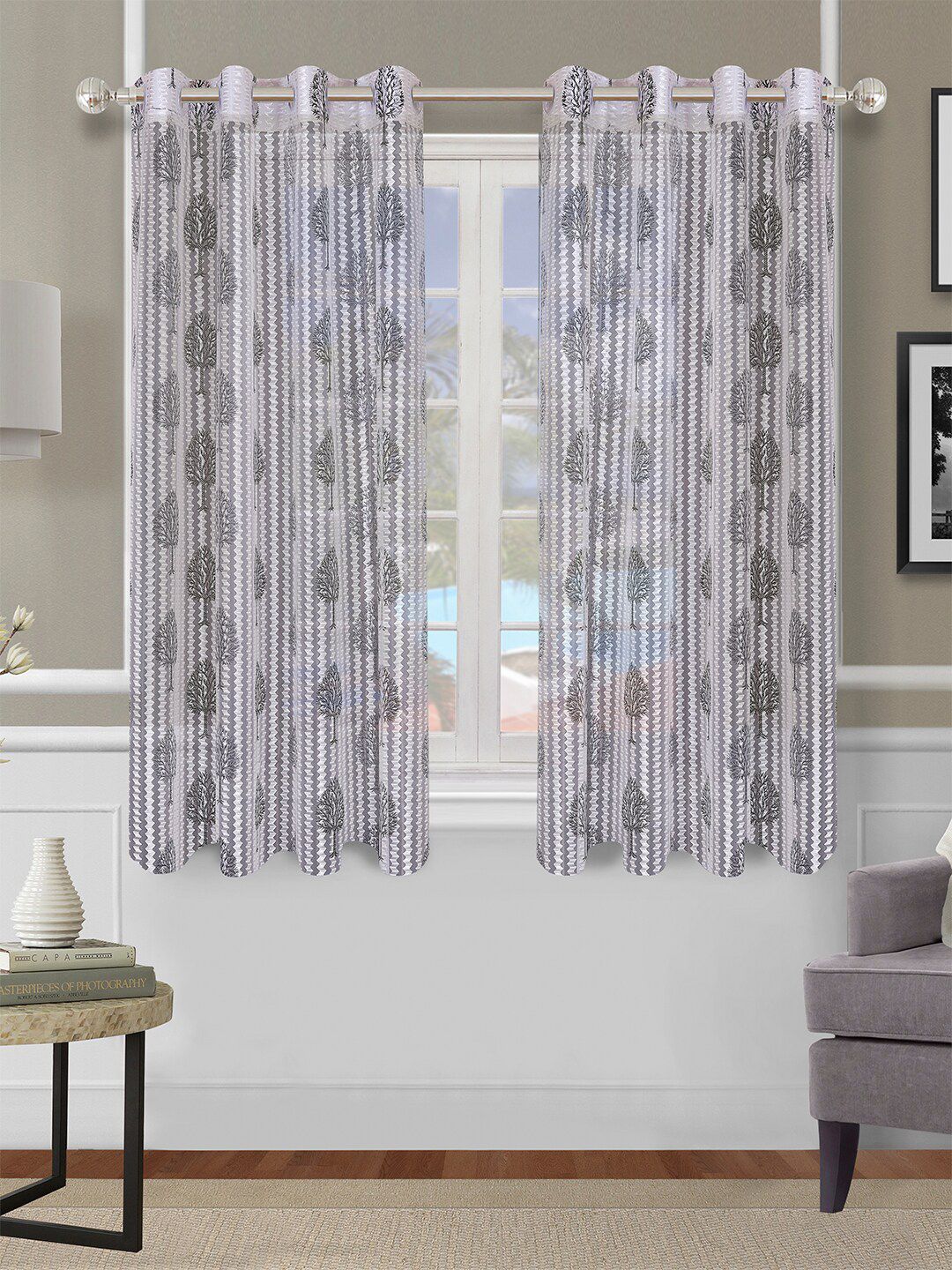 ROMEE Off White & Grey Set of 2 Floral Sheer Window Curtain Price in India