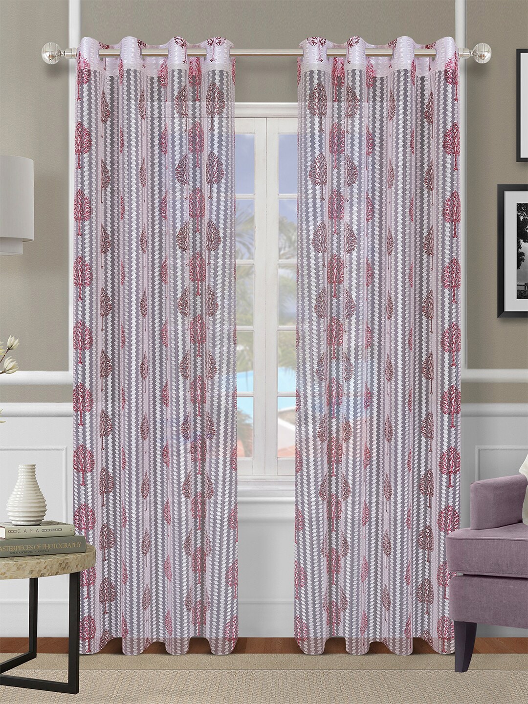 ROMEE Off White & Red Set of 2 Floral Sheer Door Curtain Price in India