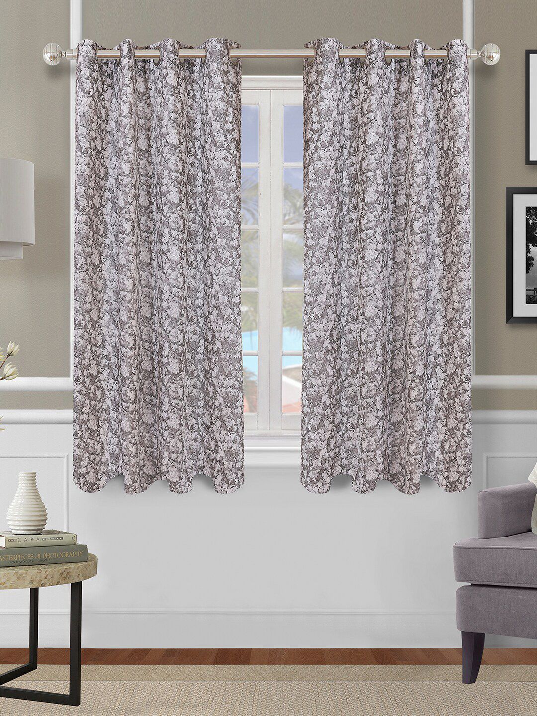 ROMEE Grey & White Set of 2 Floral Room Darkening Window Curtain Price in India