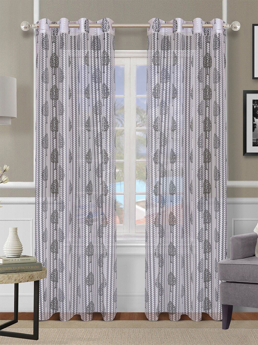 ROMEE Off  Set of 2 White & Grey Floral Sheer Door Curtain Price in India