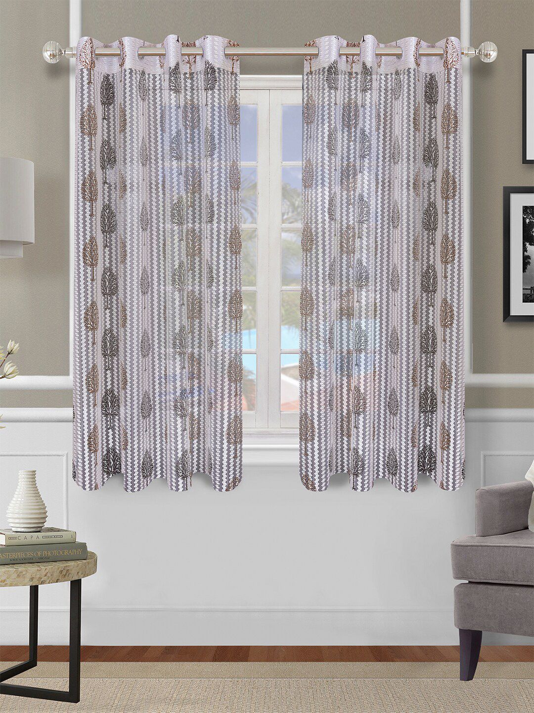 ROMEE Off White & Brown Set of 2 Floral Sheer Window Curtain Price in India