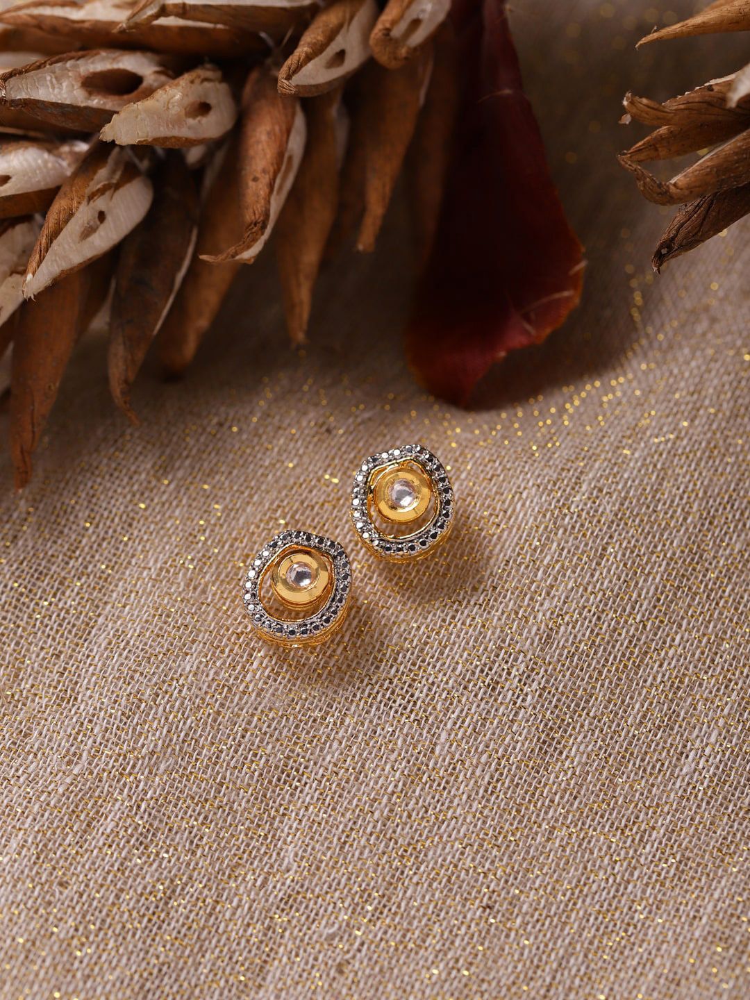 Ruby Raang Gold-Plated White Kundan Studded Circular Studs Earrings Price in India